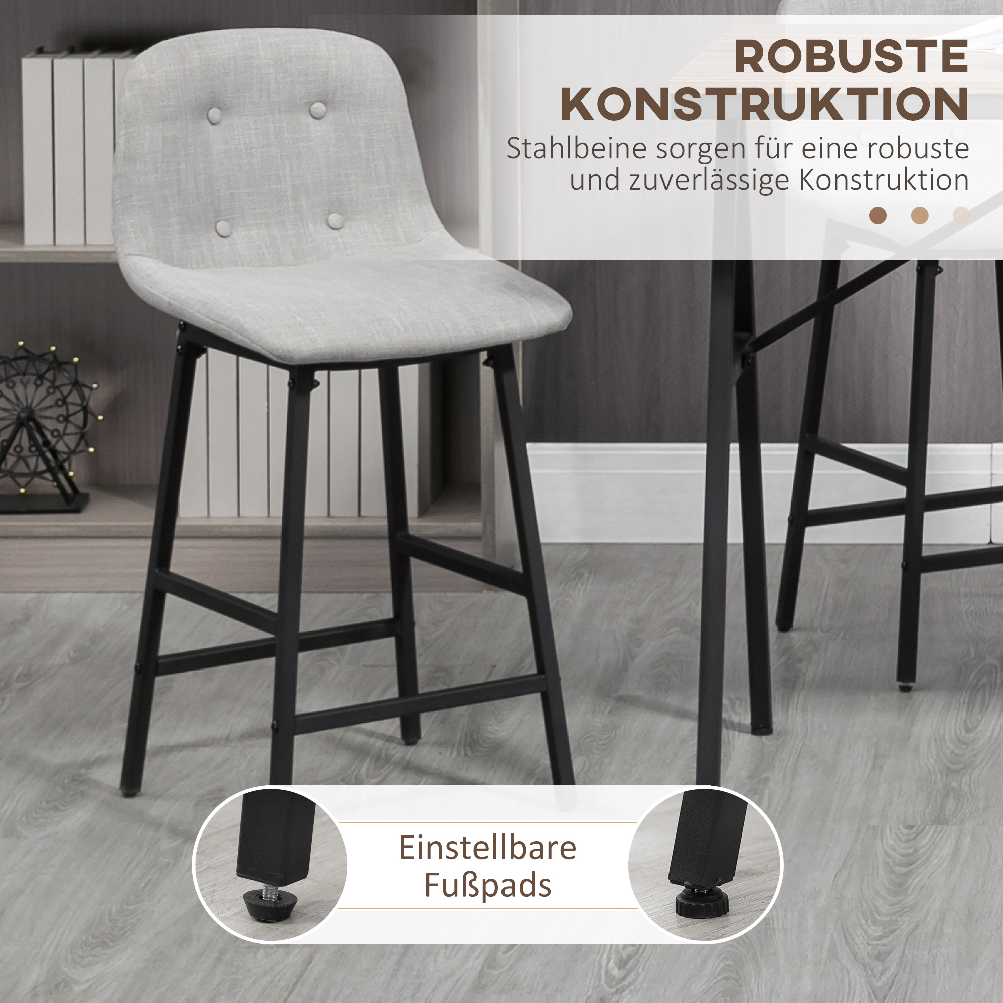 HOMCOM 5-delige Bargarnituur, Tafel en 4 Stoelen, Knoopafwerking, Dikke Bekleding, Linnenlook, Grijs
