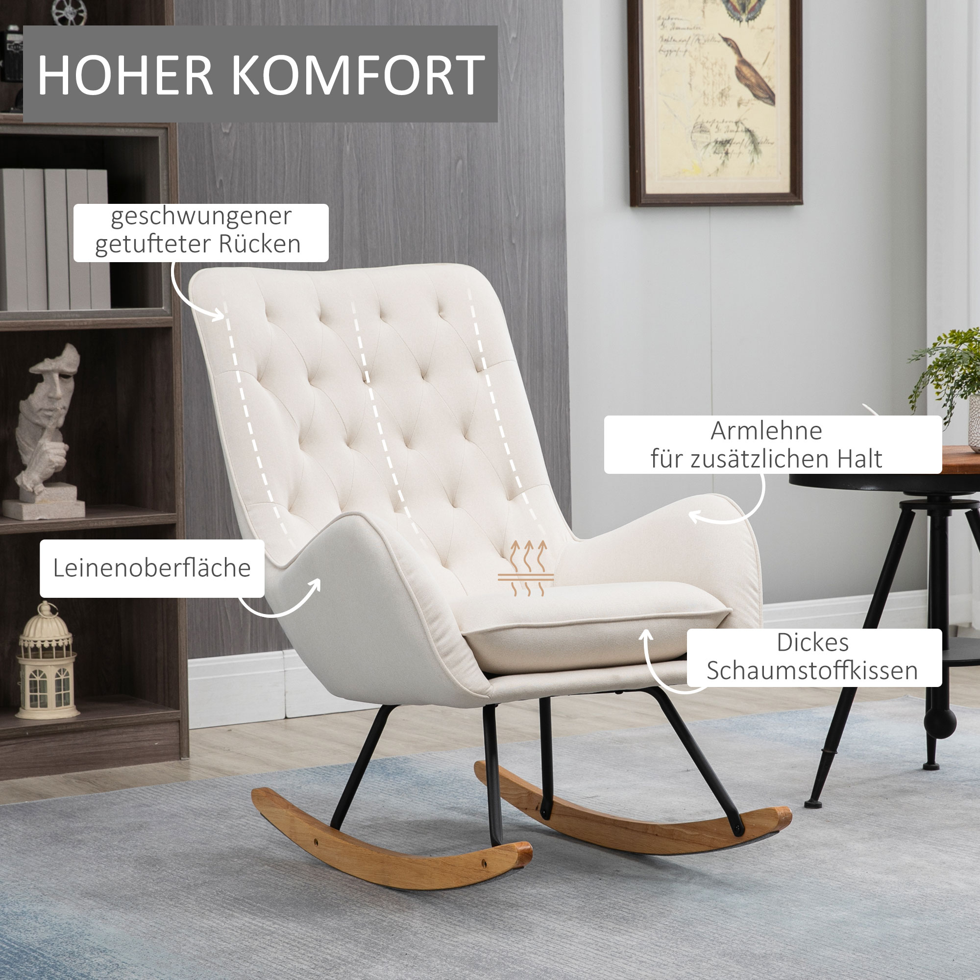 HOMCOM Schommelstoel in Scandinavisch design - Relaxfauteuil met knopsteekdetailing, 69 cm x 90 cm x 100 cm, Crème + Natuur + Zwart