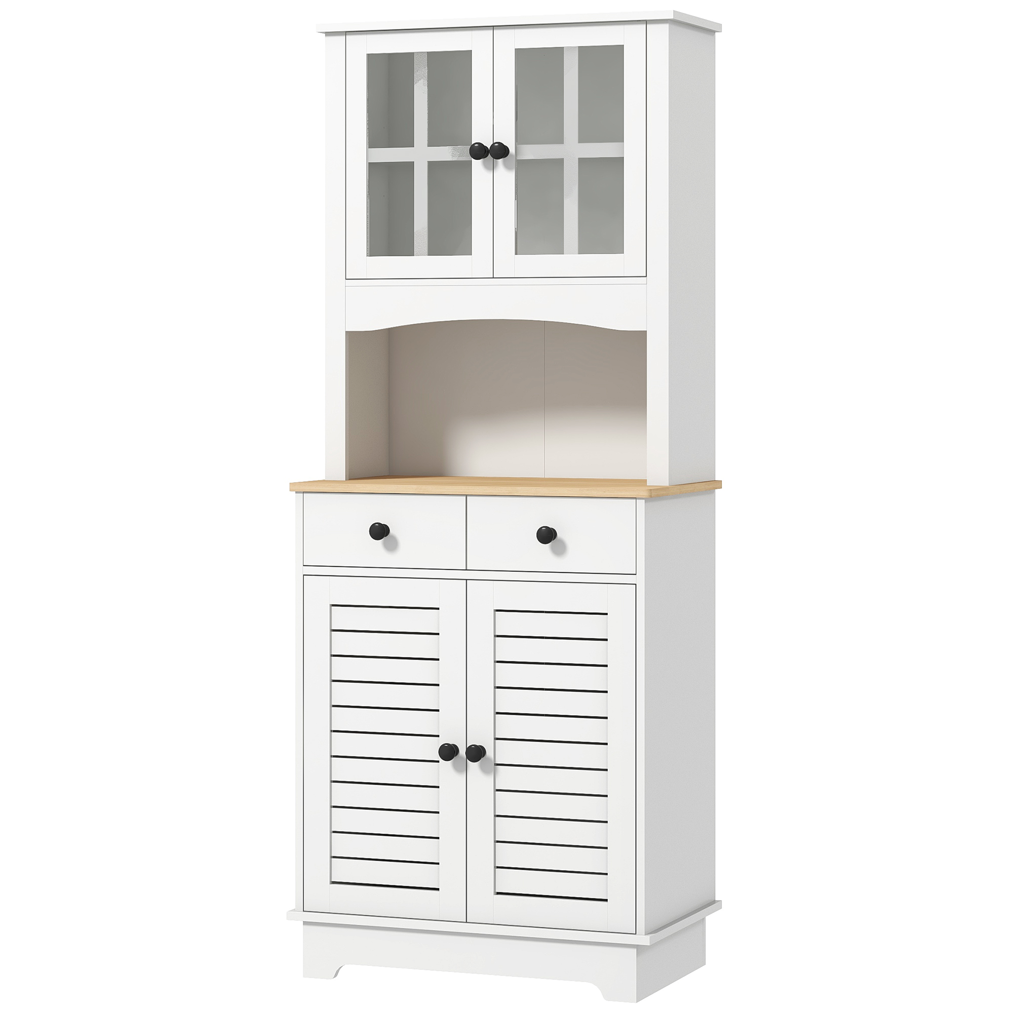 HOMCOM Keukenkast met Glazen Deuren, 2 Laden, Servieskast, Eetkamerschrank, Hout, 68 x 39,5 x 170 cm, Wit