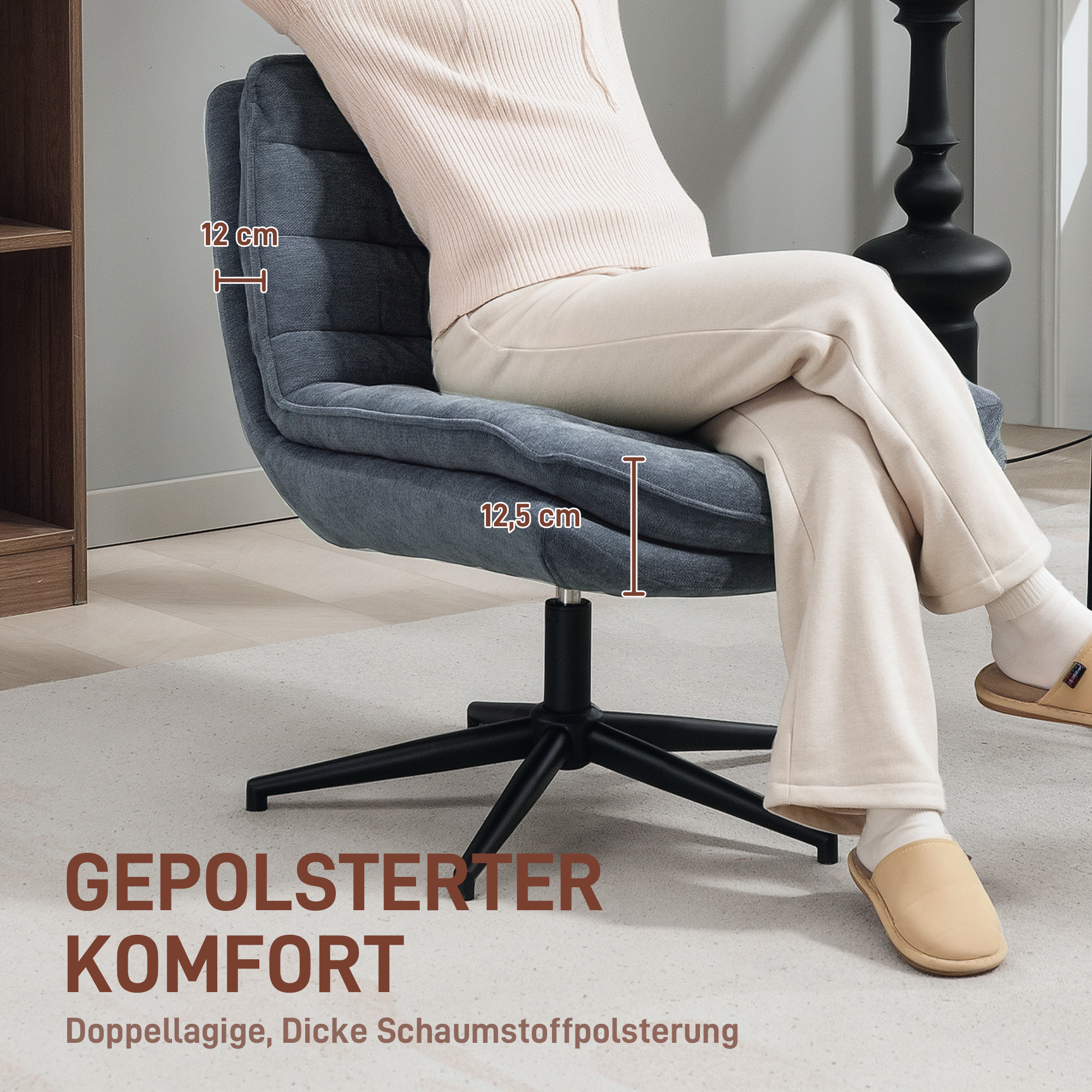 HOMCOM Draaibare Bureaustoel met Brede Zitting, Ruim Gestoffeerde Stoel voor Kantoor, Werkkamer, Donkergrijs