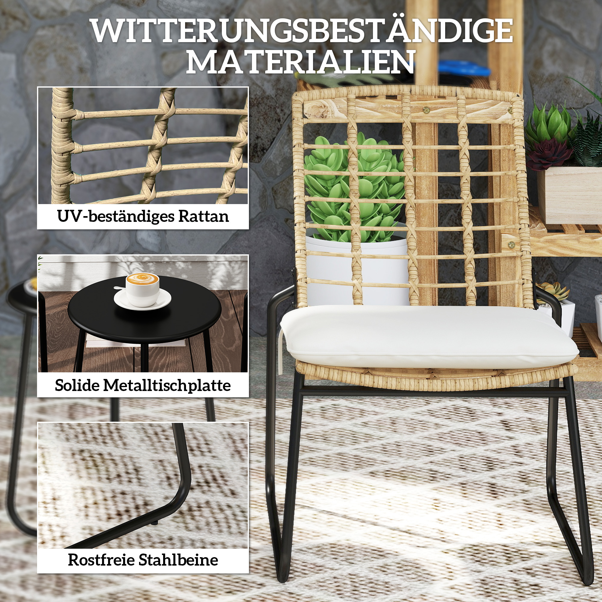 Outsunny 3-delig Tuinmeubelset, 2 Rattan Stoelen, 1 Tafel met Metalen Blad, Zitkussens, Bistroset, Beige & Bruin