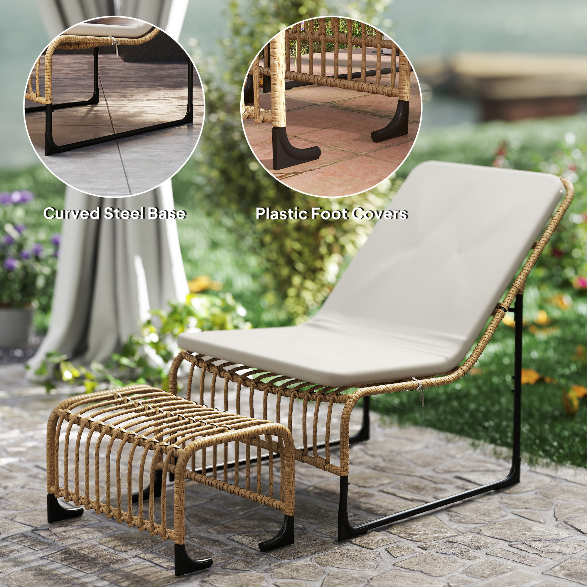Outsunny Rattan Relaxfauteuil met Voetenbank UV-bestendig Tuinfauteuil met Kussen en Banden 65 x 93 x 80 cm Natuurhout