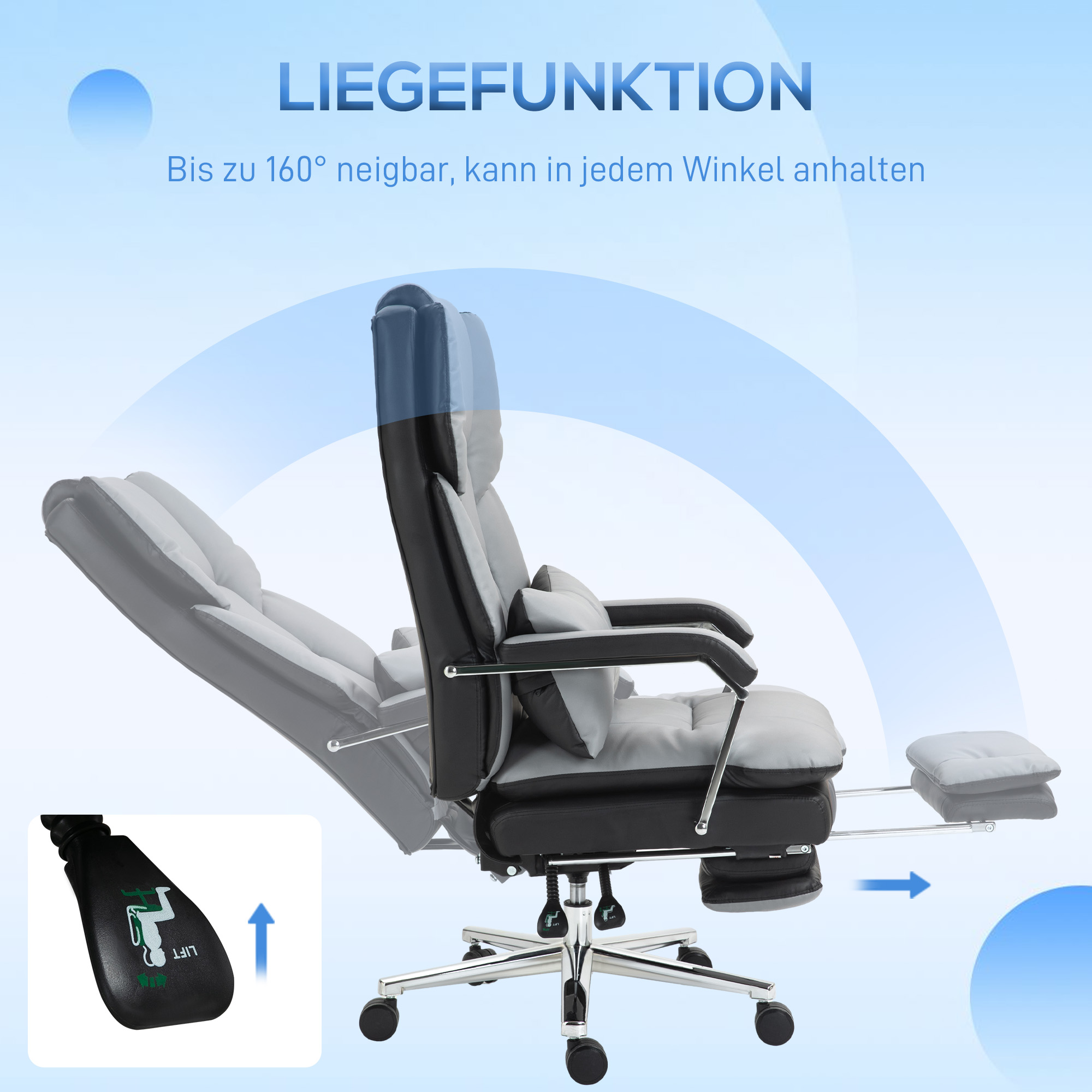 HOMCOM Ergonomische Verstelbare Bureaustoel, 63x71x123-129cm, Lichtgrijs/Zwart