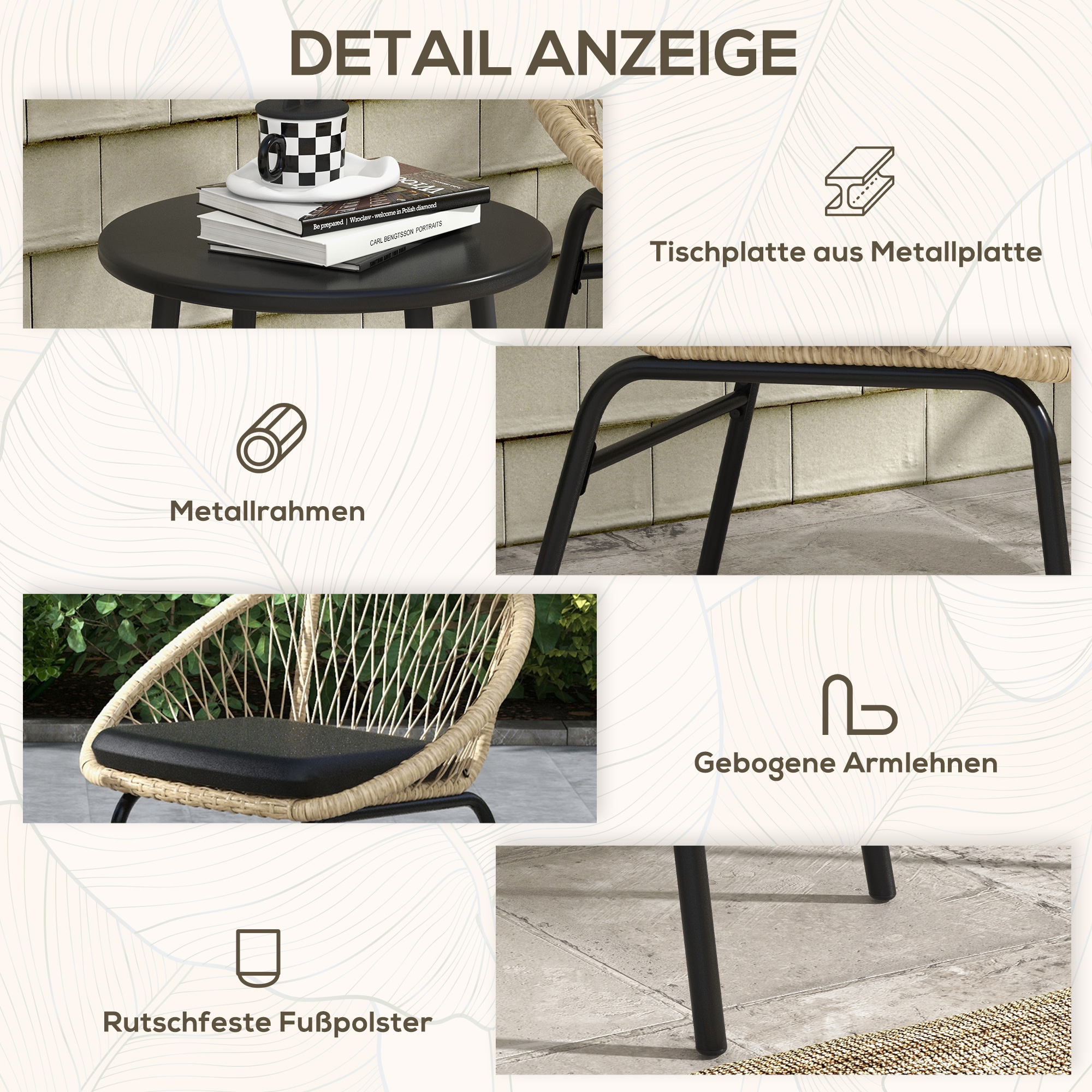 Outsunny Rieten Terrasmeubelset, Tuinmeubelset, 2 Stoelen & Tafel, Geel