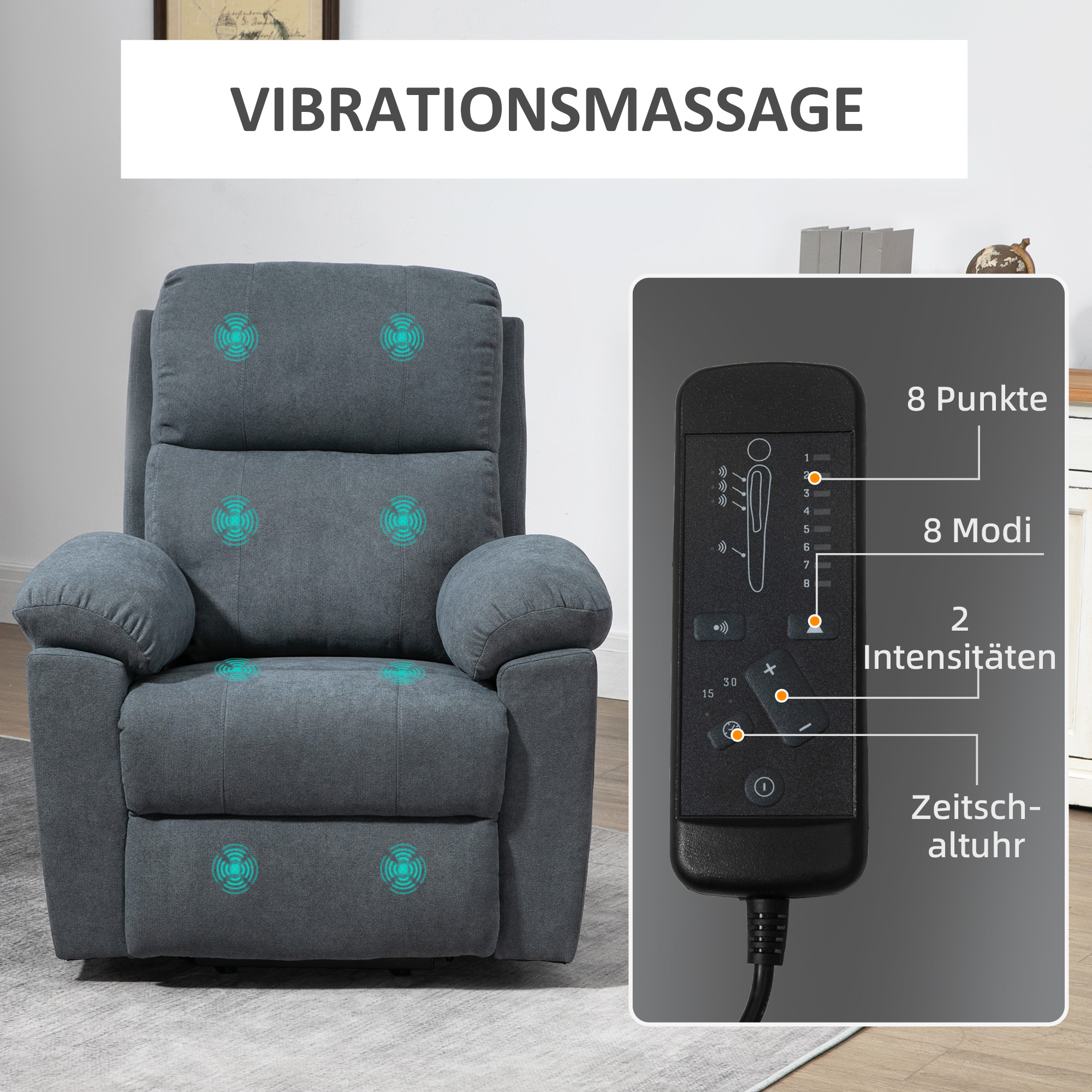 HOMCOM Massagestoel met opstaan hulp, 8 vibratiemotoren, inclusief afstandsbediening, donkergrijs