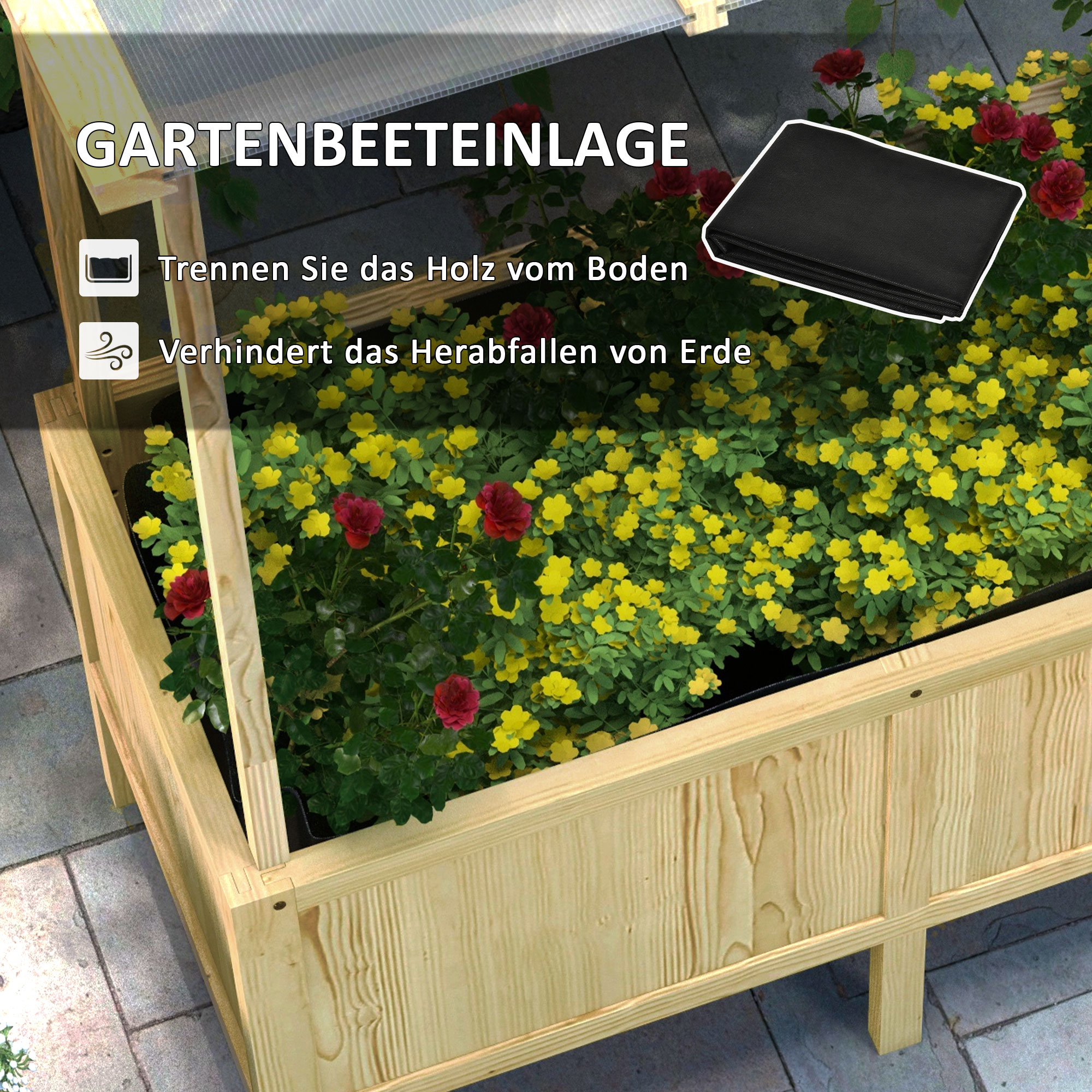 Outsunny Houten verhoogde plantenbak met dak, afwateringsgaten, voering van vliesdoek, weerbestendig, sparrenhout, 110x60x152 cm