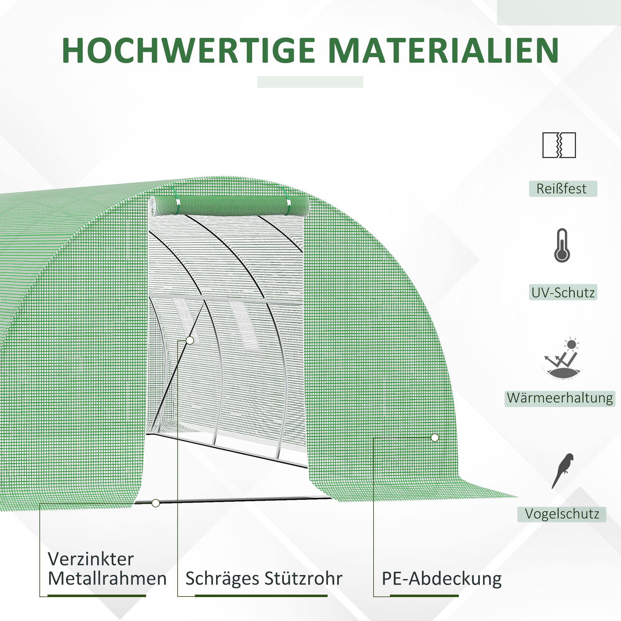 Outsunny Kas met folie, loopbaar, 8 ramen met vliegengaas, stevige folie, stalen frame, 6 x 3 x 2 m, groen