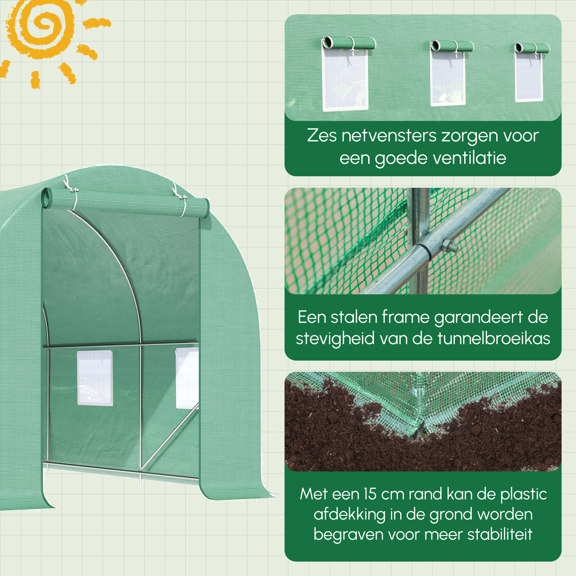 Outsunny Ruime Kas voor Elk Seizoen - Groen 445 x 190 x 200 cm