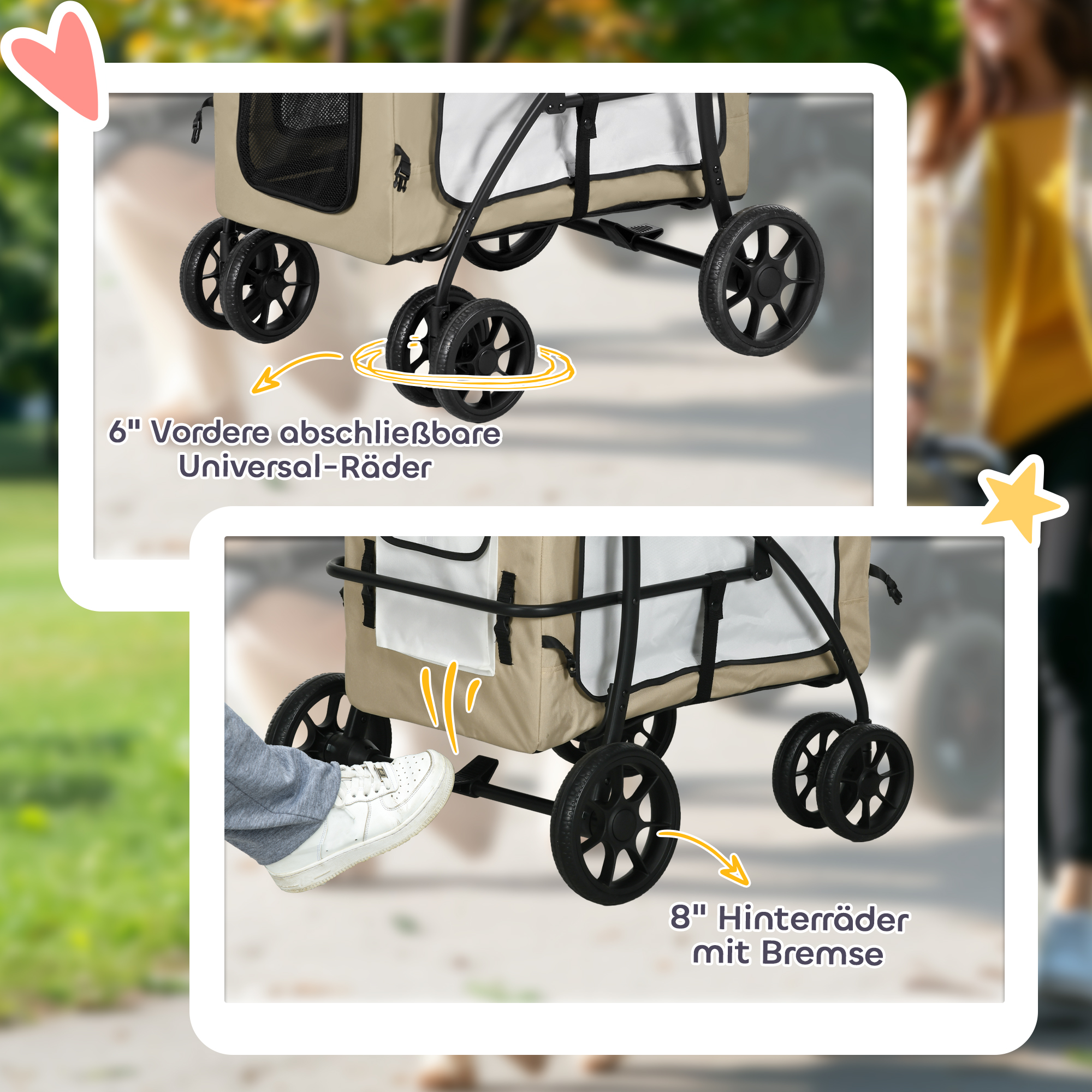 PawHut Hondenbuggy Huisdierbuggy Opvouwbaar met Afneembaar Compartiment, 81 x 58 x 97,5 cm, Zwart+Khaki+Wit
