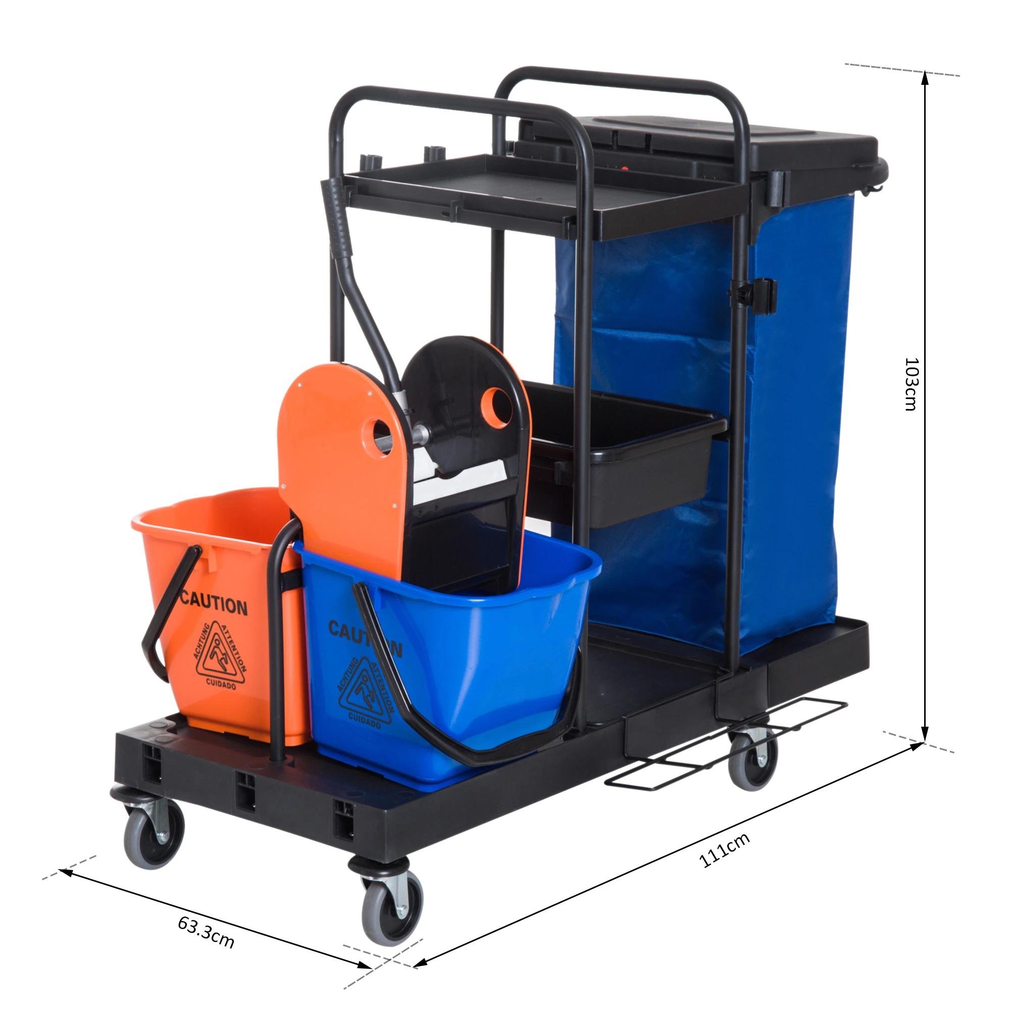 HOMCOM schoonmaakwagen reinigingswagen veegwagen systeemwagen met 4 wielen 2 emmers