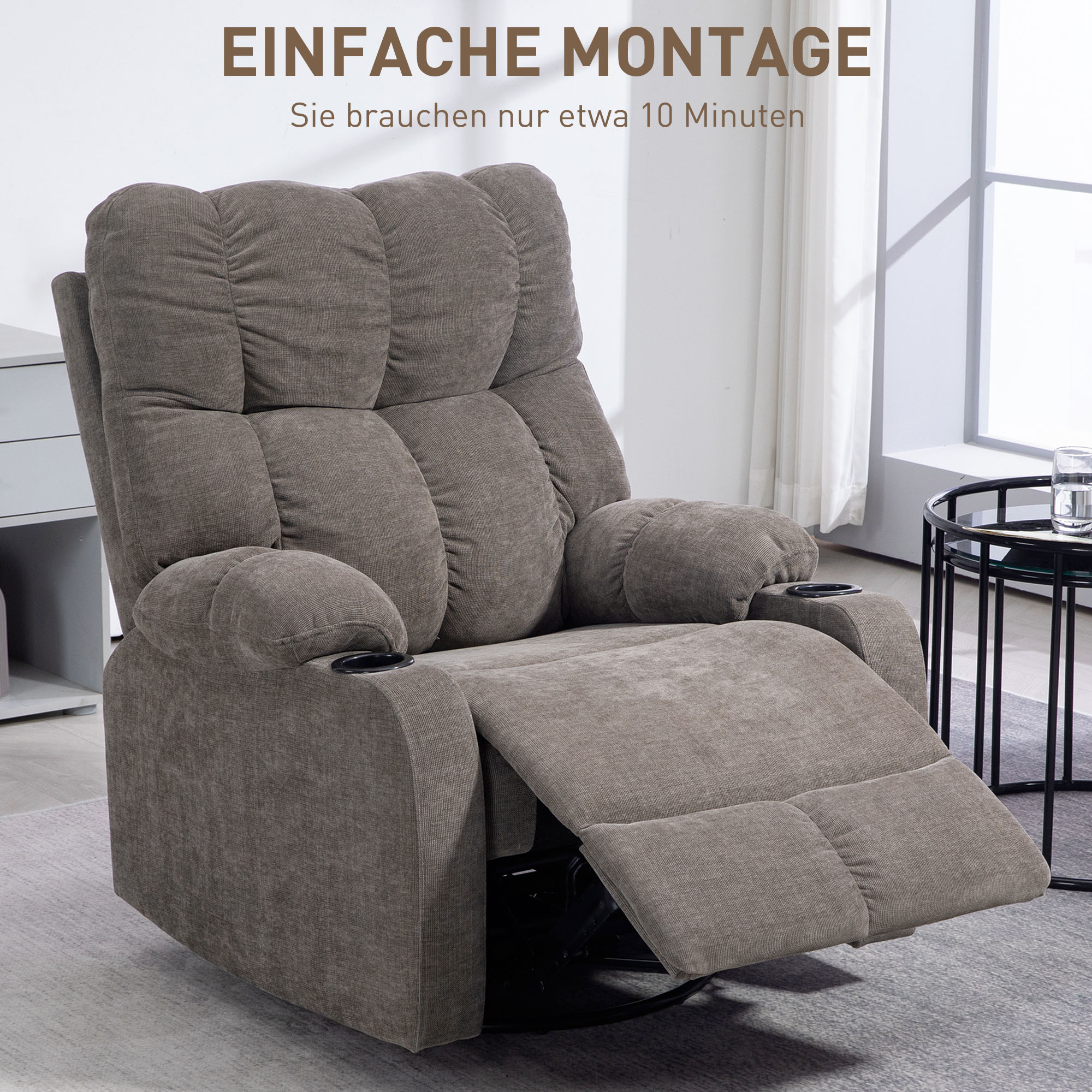 HOMCOM Relaxstoel met Voetensteun, Ligstoel, Draaibaar, Tot 150 kg, Stalen Frame, 88x96x108cm, Lichtbruin