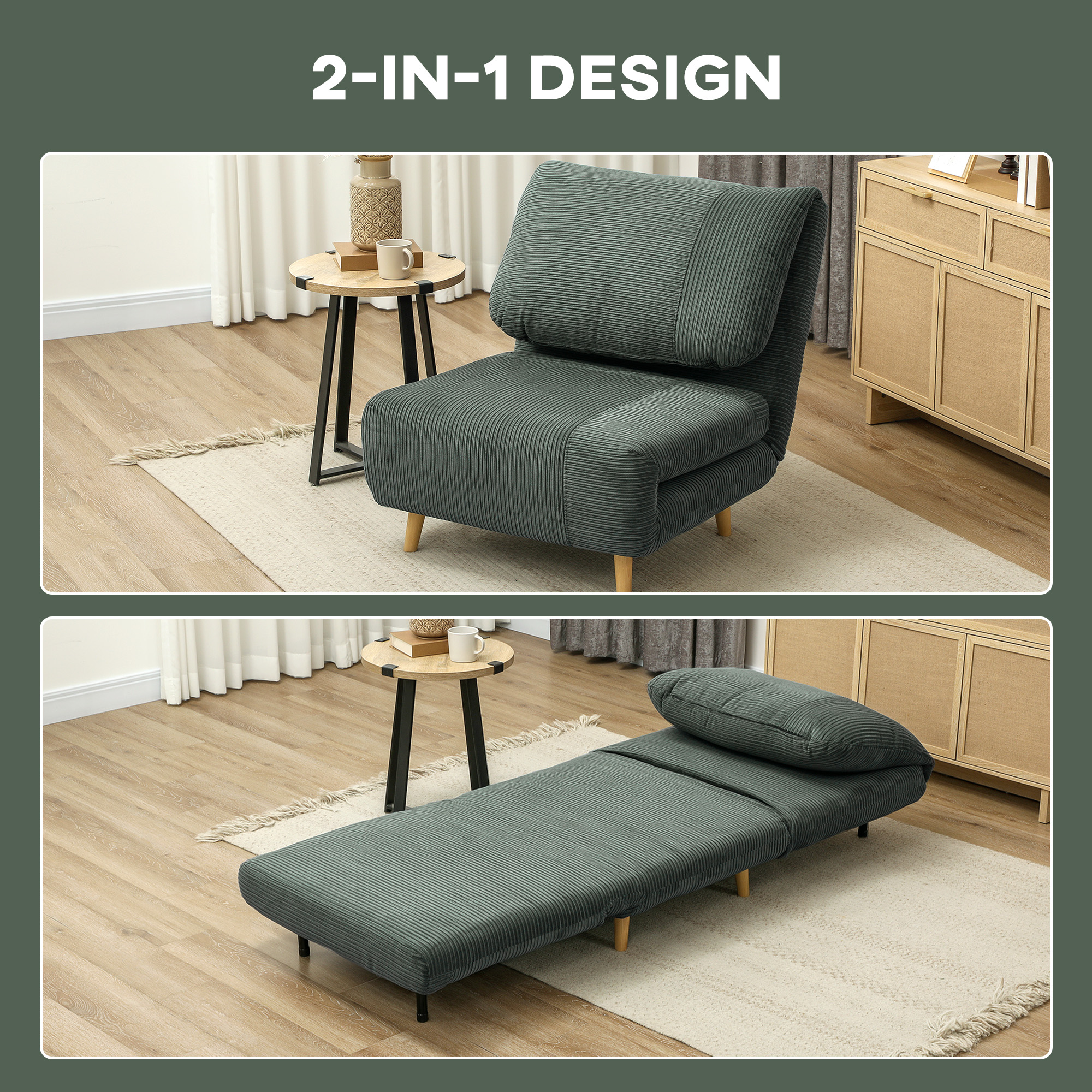 HOMCOM 2-in-1 Slaapfauteuil en Gastenbed, Verstelbare Hoofdsteun Ribfluweel 82 cm x 89 cm x 83 cm Groen