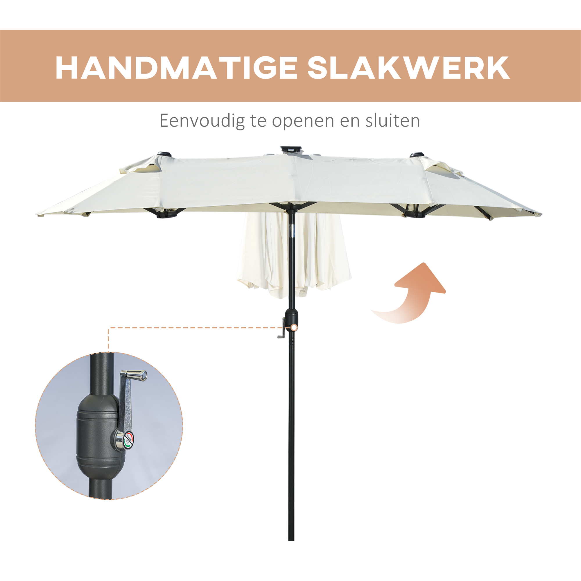 Outsunny dubbele zonwering, terrasscherm, kantelbaar, met zonnepaneel, 35 LED's, stalen frame, beige, 2,95 x 1,50 x 2,19 m