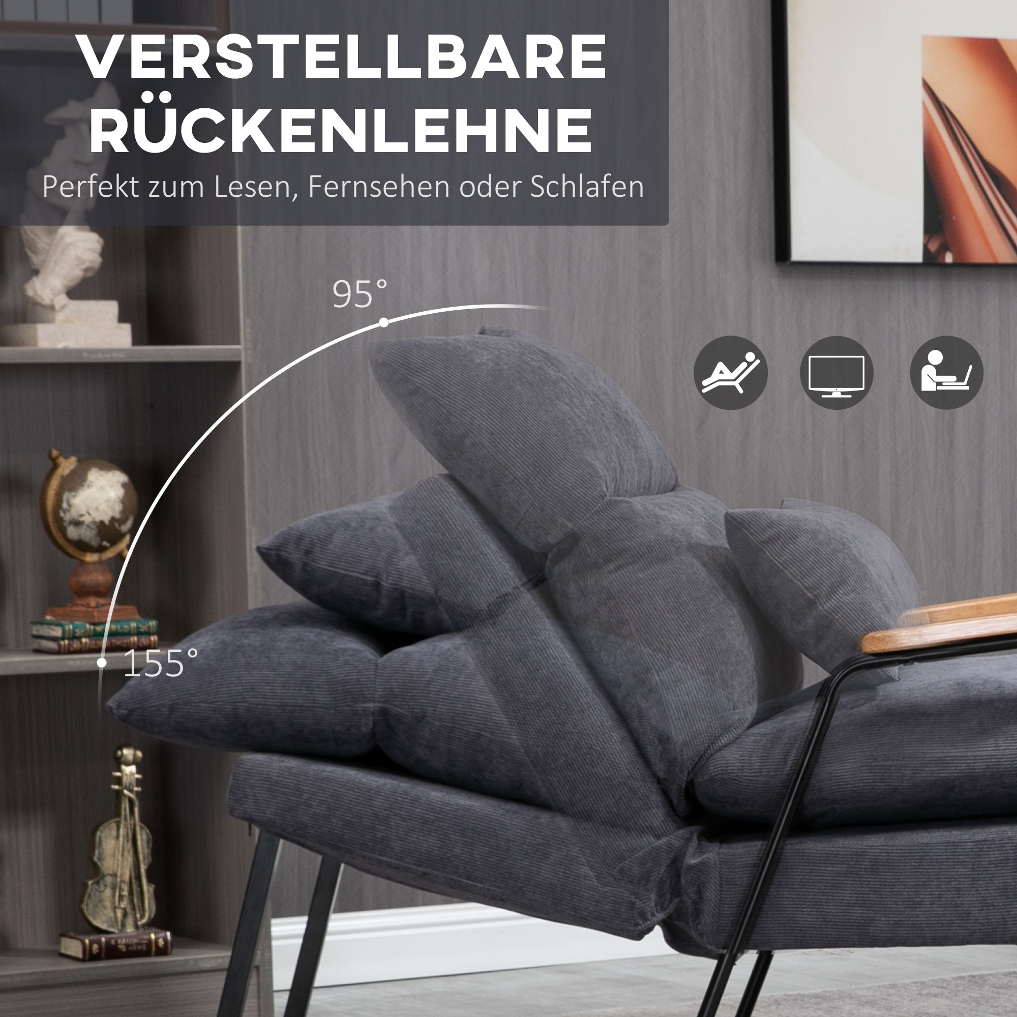 HOMCOM oorfauteuil met kruk, fauteuil met verstelbare rugleuning, grijs