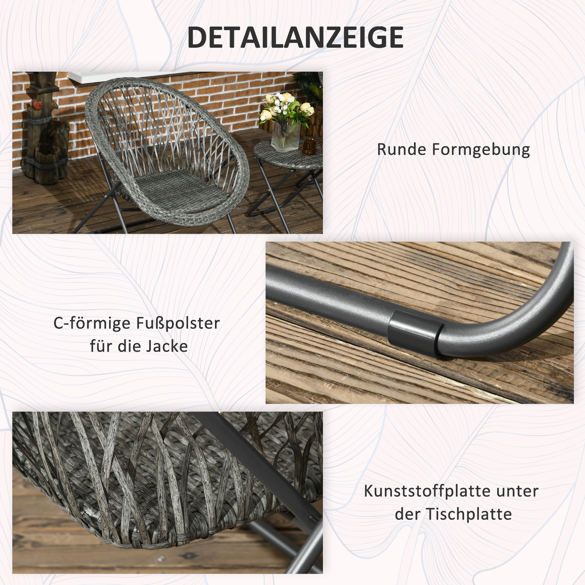 Outsunny Tuinmeubelset, 3-delig, rotanlook, 2 stoelen, 1 tafel, inklapbaar, Grijs