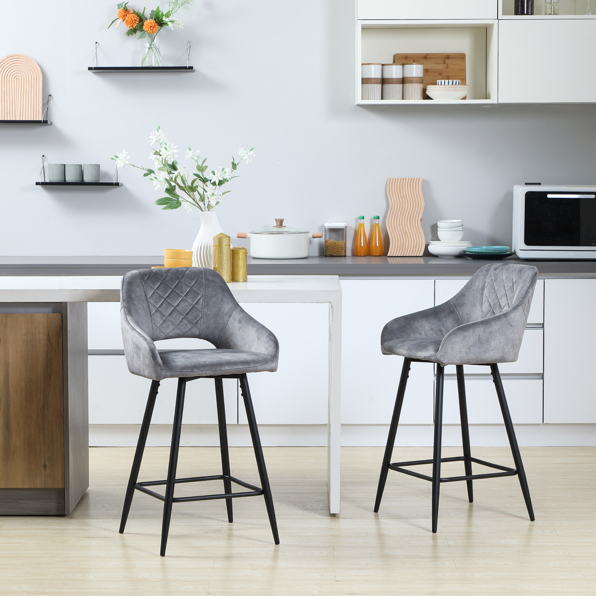 HOMCOM set van 2 barkrukken in retrostijl, fluwelen look, inclusief voetsteun 50 cm x 53 cm x 94 cm grijs
