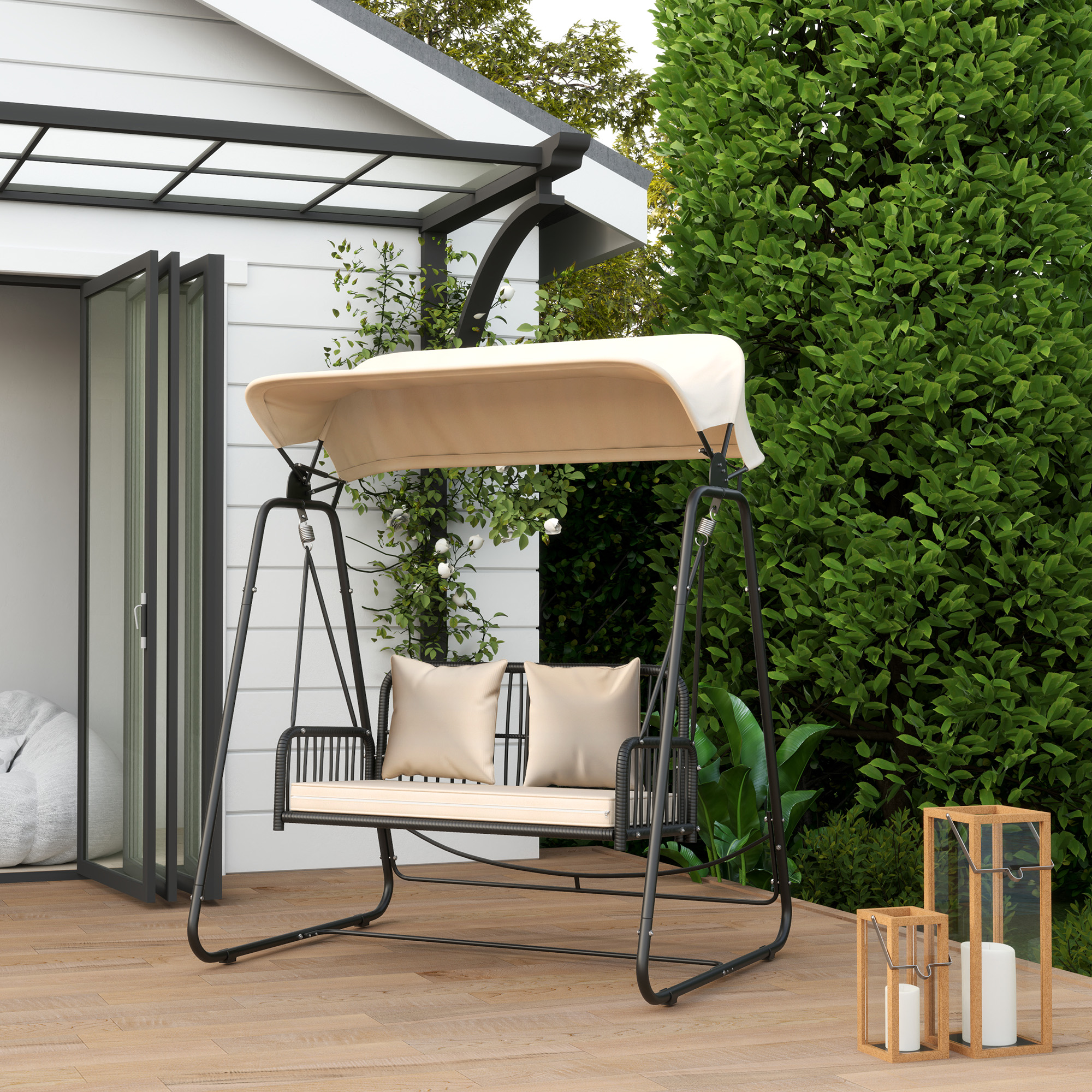 Outsunny Rattan Hollywoodschommel voor 2 Personen met Zonnedak en Kussens, Belastbaar tot 240 kg, 149 x 121 x 180 cm, Khaki
