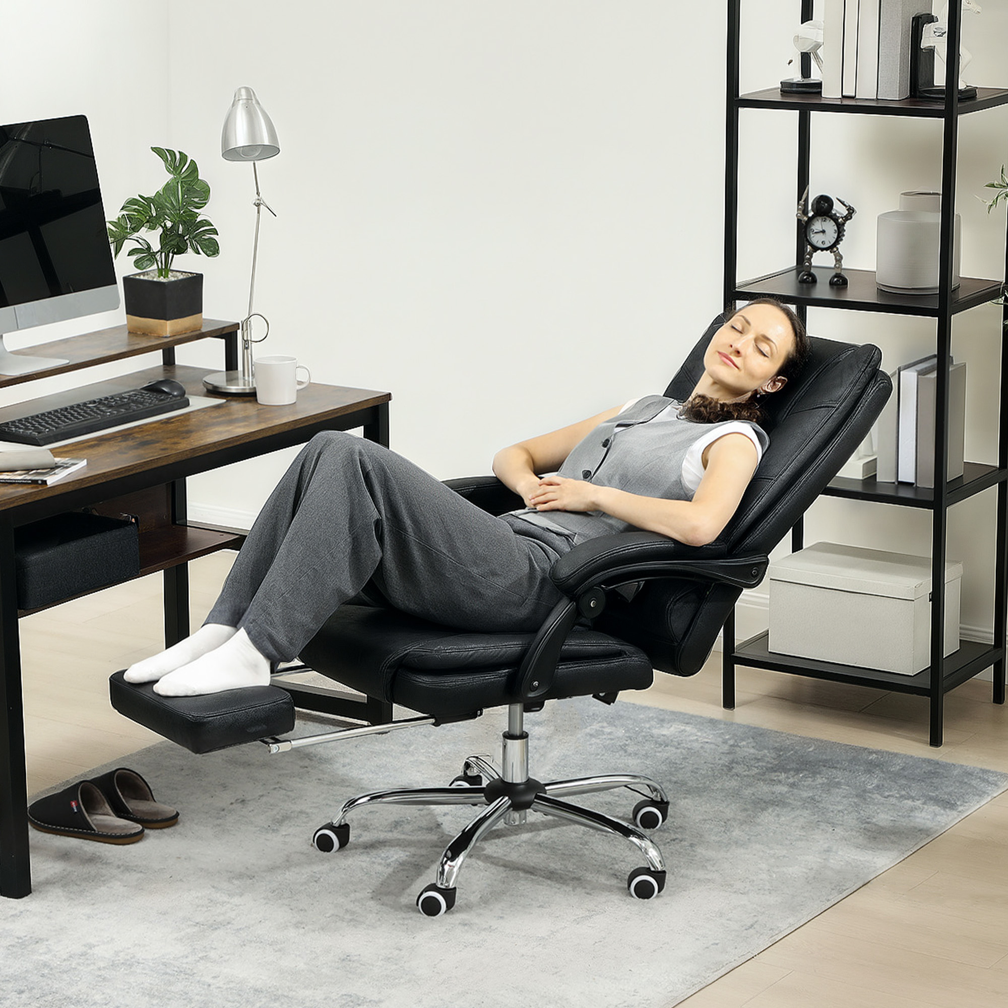 Vinsetto Massagestoel Bureau met Massagefunctie, incl. Voetensteun, Verstelbaar, 64 cm x 70 cm x 118 cm, Zwart