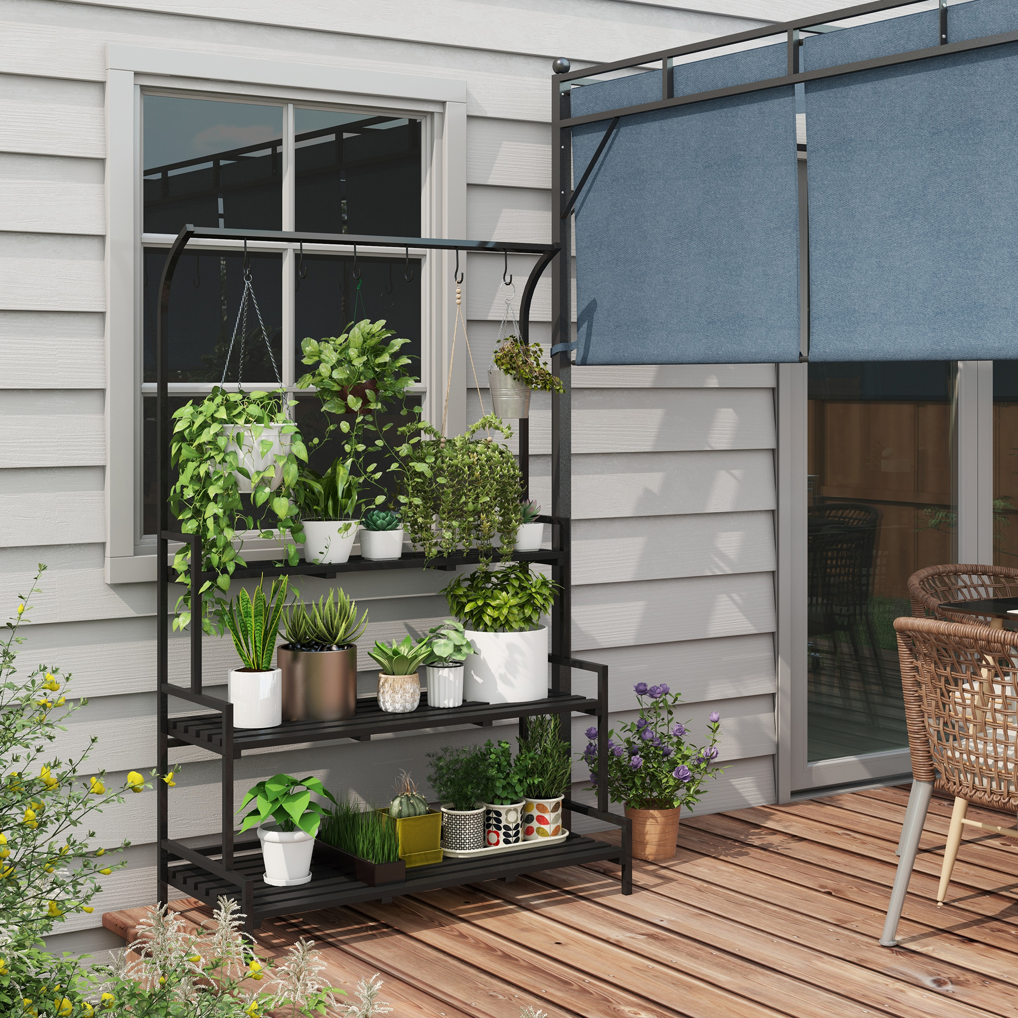 Outsunny Bloemenstandaard, 3 niveaus, 6 haken, voor binnen en buiten, metalen frame, 170H x 110L x 50B cm, zwart
