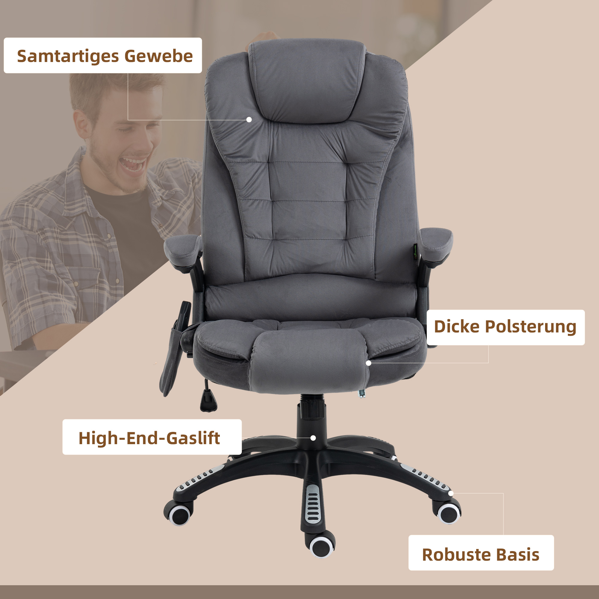 Vinsetto Bureaustoel met Massage- & Verwarmingselement, ergonomisch, in hoogte verstelbaar, Donkergrijs