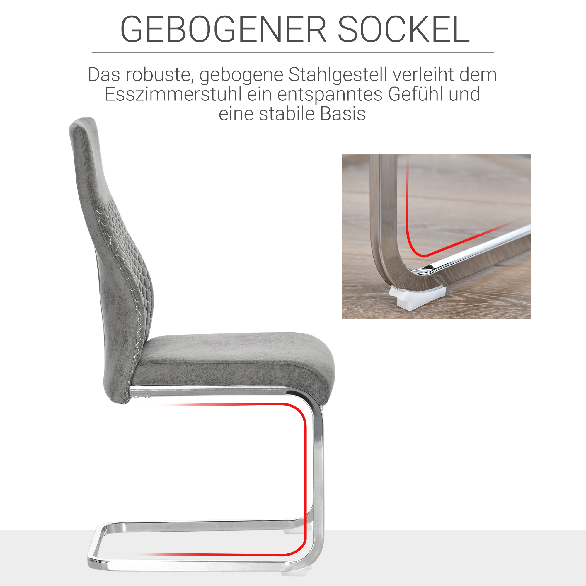 HOMCOM Set van 4 sledestoelen, 4-delige keukenstoelen, microvezel, 45 x 61 x 98 cm, grijs