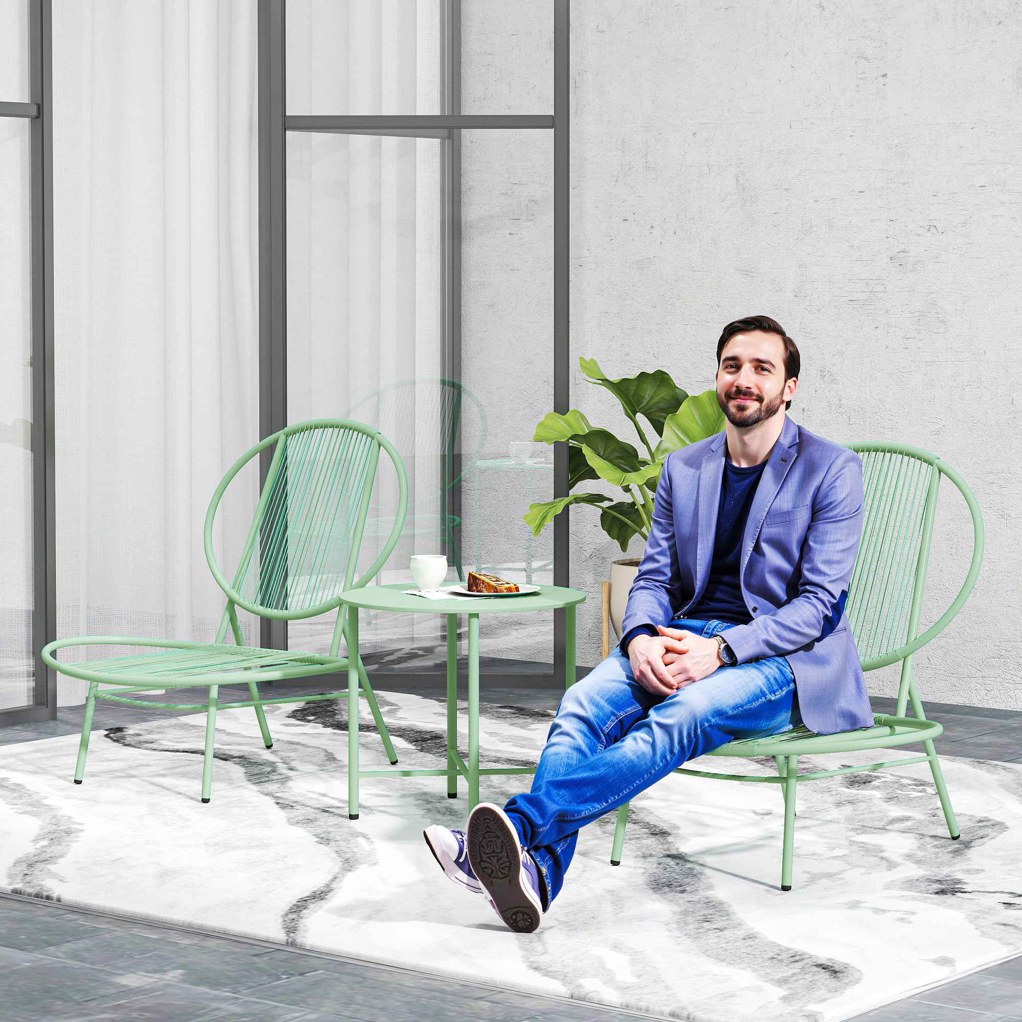 Outsunny 3-Delige Bistroset van Polyrattan - Weerbestendige Tuinmeubelset met Bistrotisch - Schelpvormige Tuinstoelen Groen