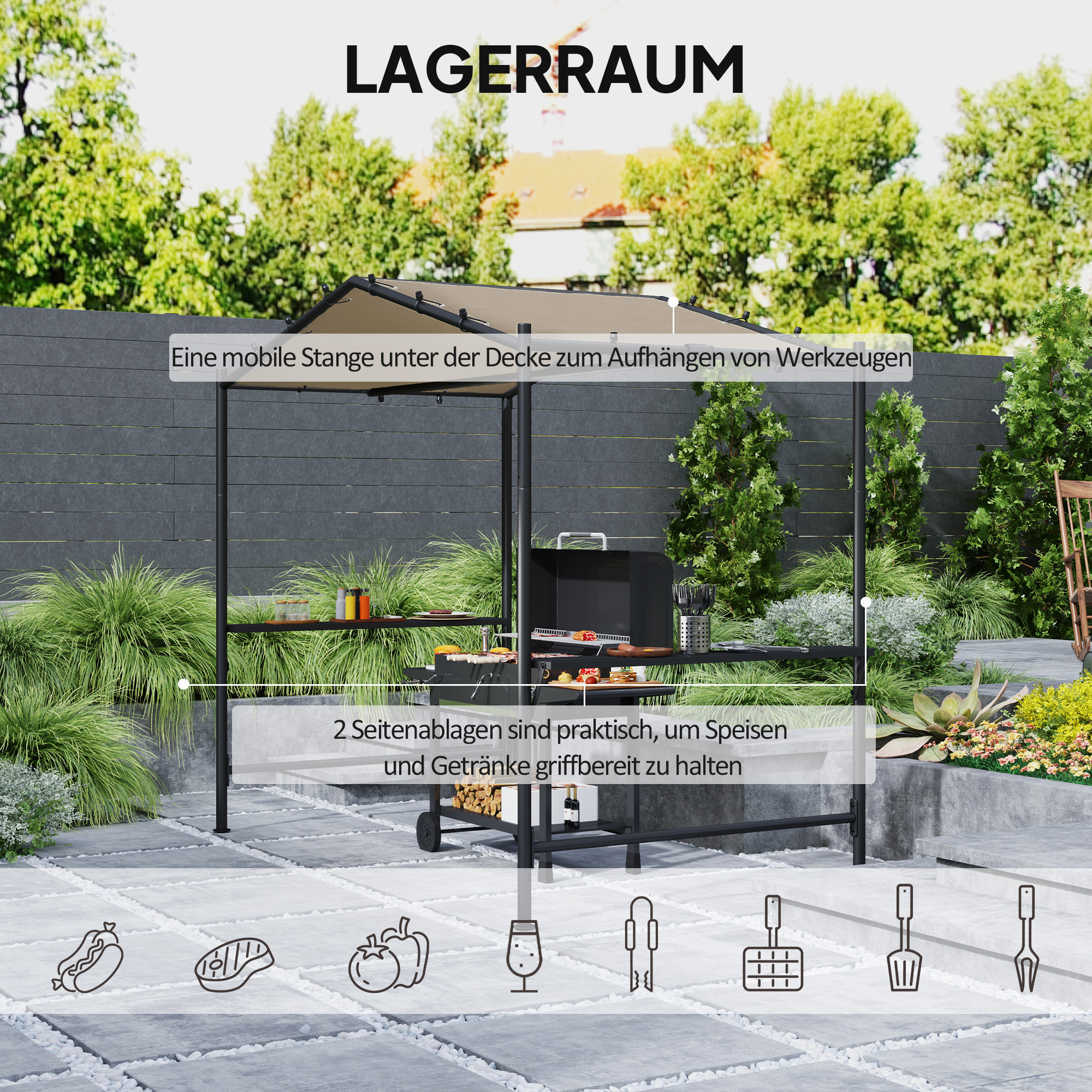 Outsunny Grilltent Grilldak, weerbestendig, incl. Zijplanken, 277 x 149 x 230 cm, Khaki