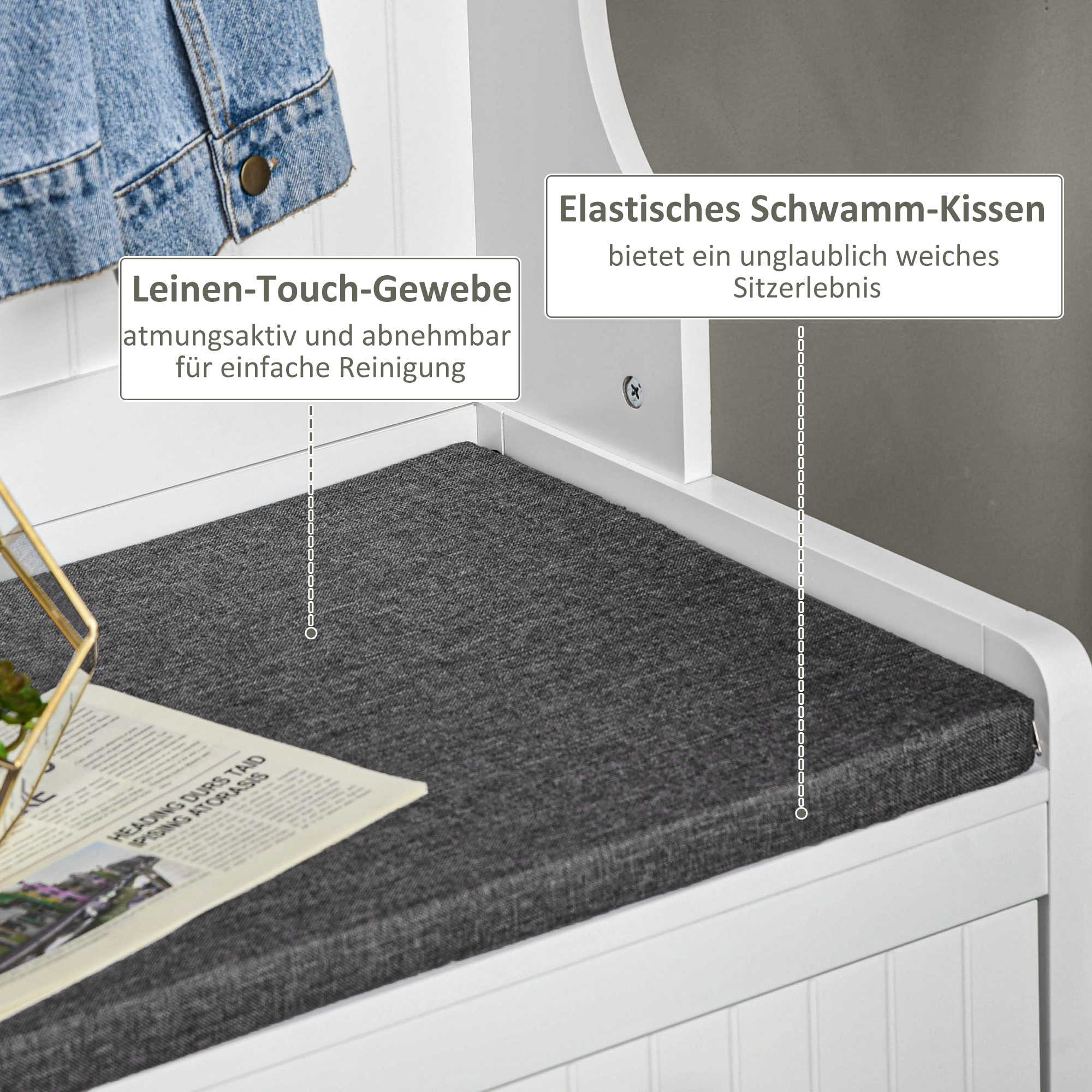 HOMCOM Kapstok met Haken, Garderobe met Schoenenbank, voor Entree, Hal, Metaal, MDF, Wit+Grijs