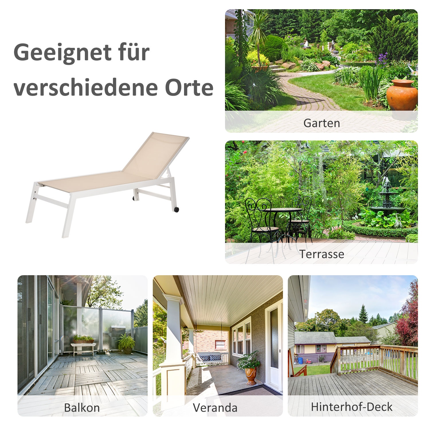 Outsunny ligbed verstelbaar aluminium crème wit 169 x 65 x 102 cm
