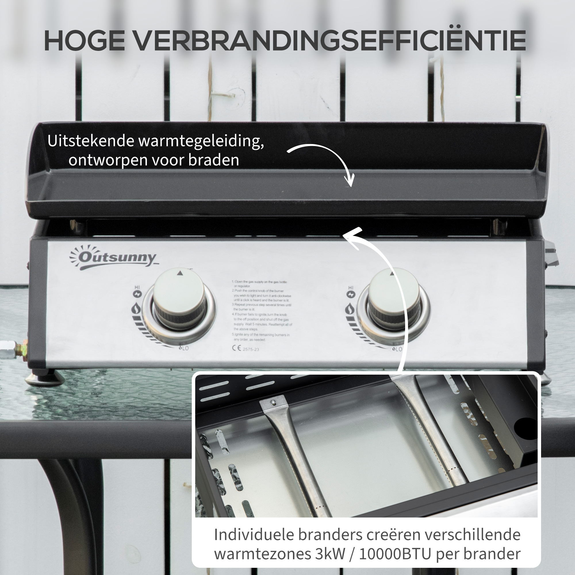 Outsunny tafelgrill gasgrill BBQ met 2 branders, tafelgasgrill met slang
