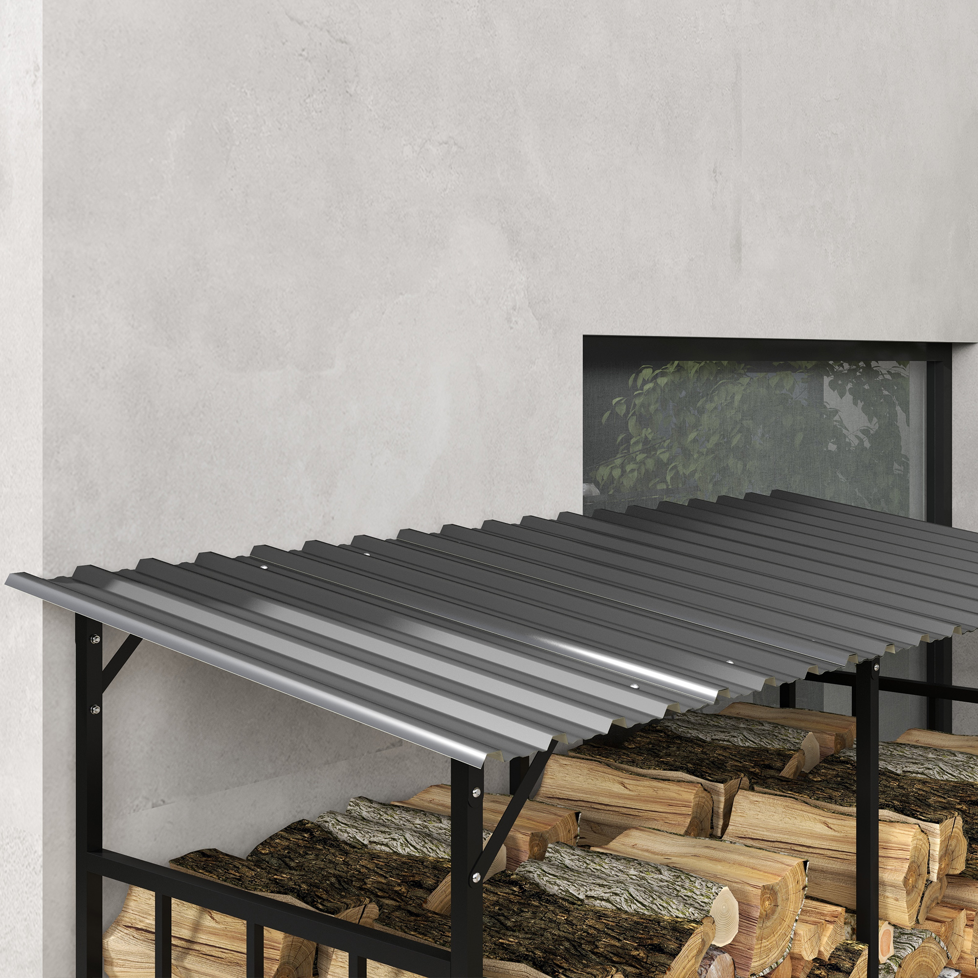 Outsunny Brandhoutrek, 2 lagen, Verzinkt Staal Dak, Metalen Frame, 186 x 75 x 185 cm, Zwart