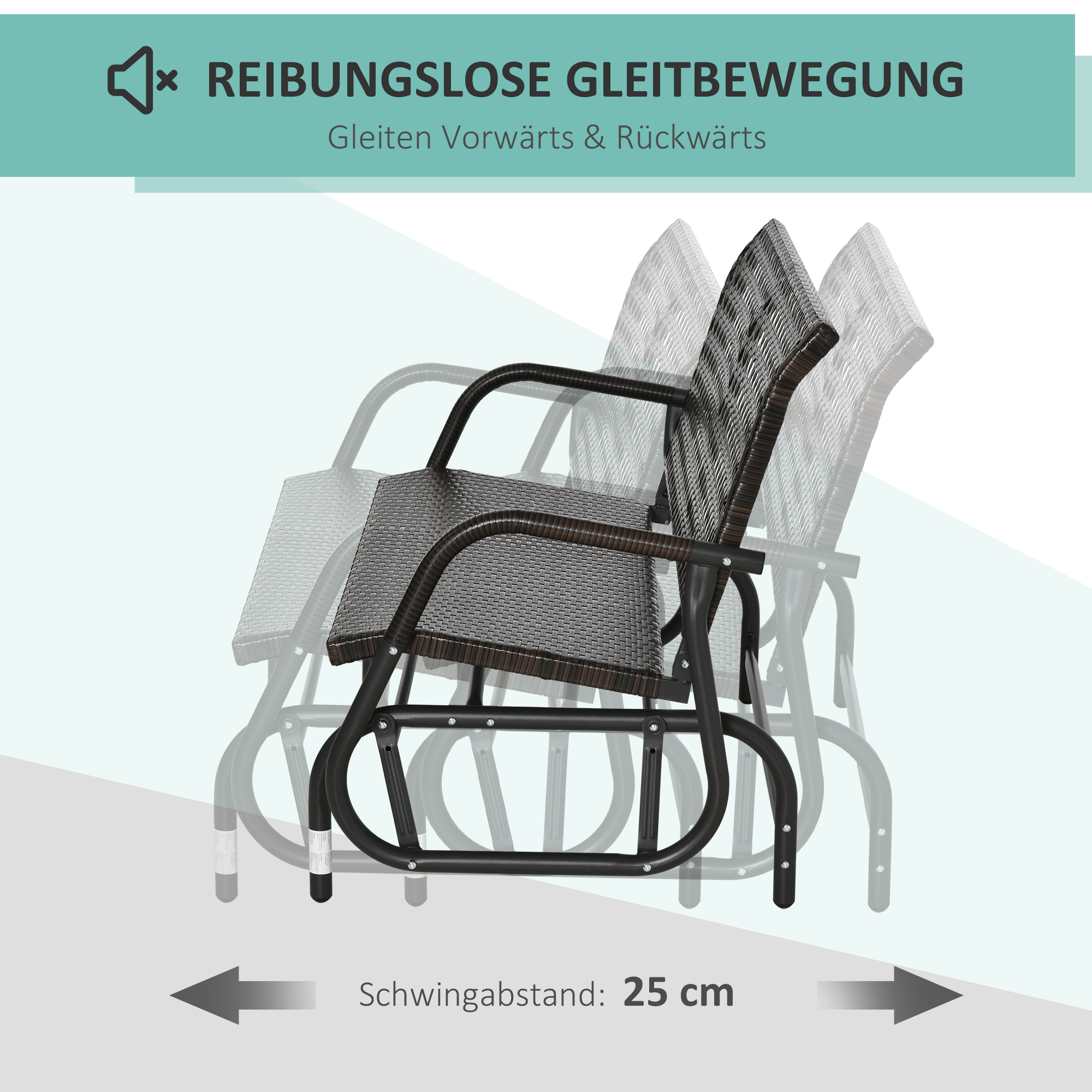 Outsunny schommelbank voor 2 personen in rotan look, staal+polyrattan, bruin+grijs, 70 x 120 x 84 cm