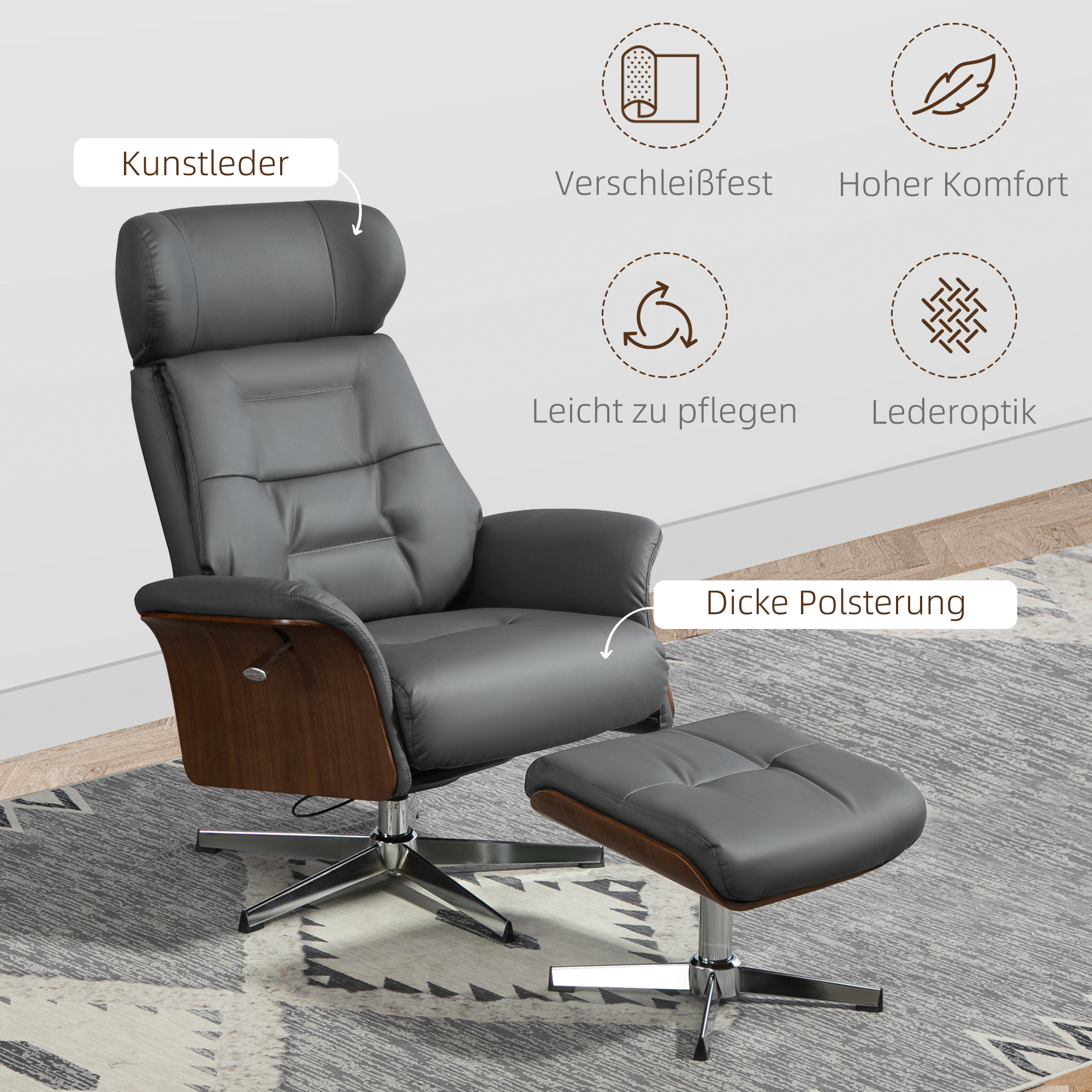 HOMCOM Relaxstoel met kruk, Ligfunctie, Draaibaar, Lederlook, tot 150 kg, Donkergrijs