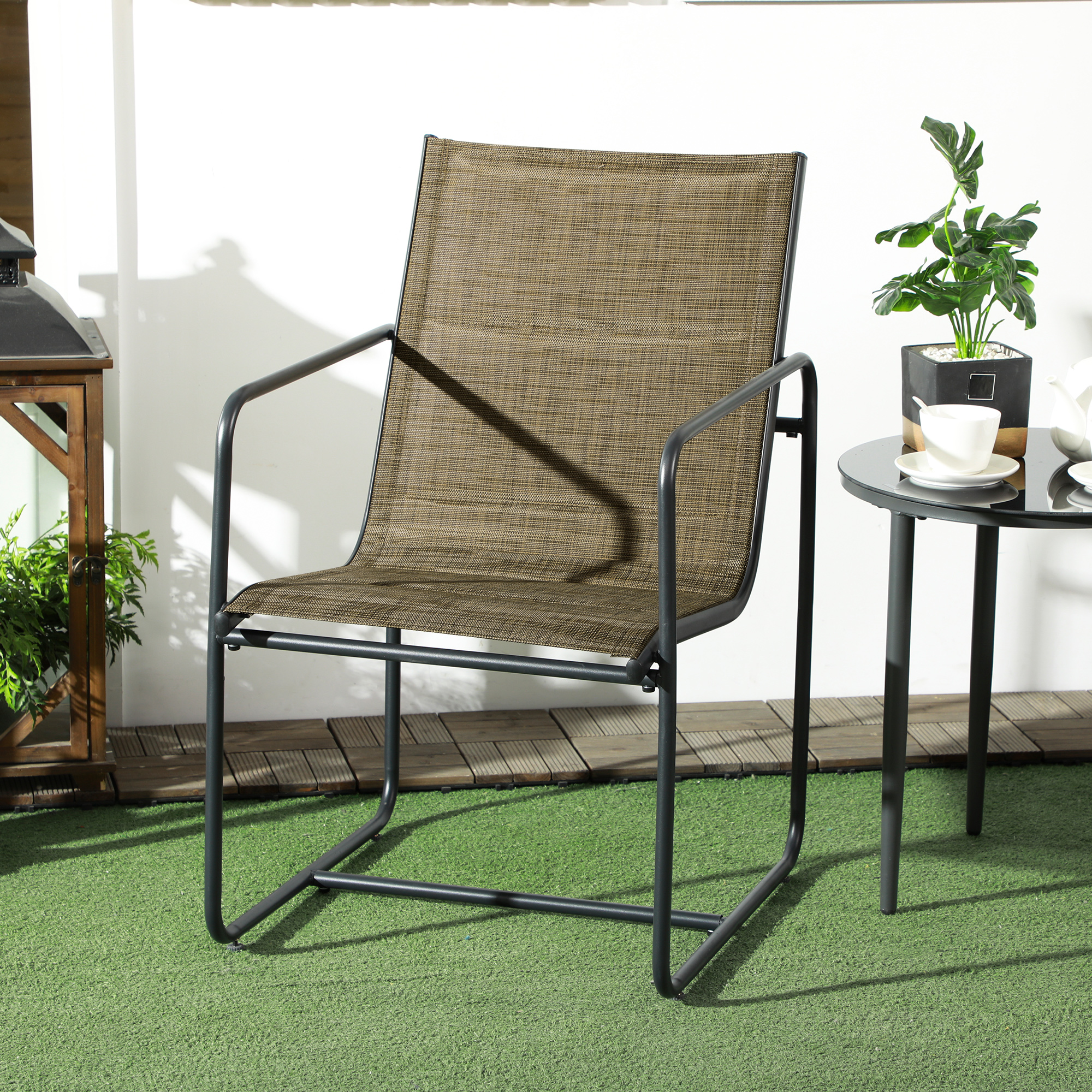 Outsunny Tuinstoel, 2-delige set, ademende bekleding, stevig metalen frame, 54x66,5x88cm, Zwart/Bruin