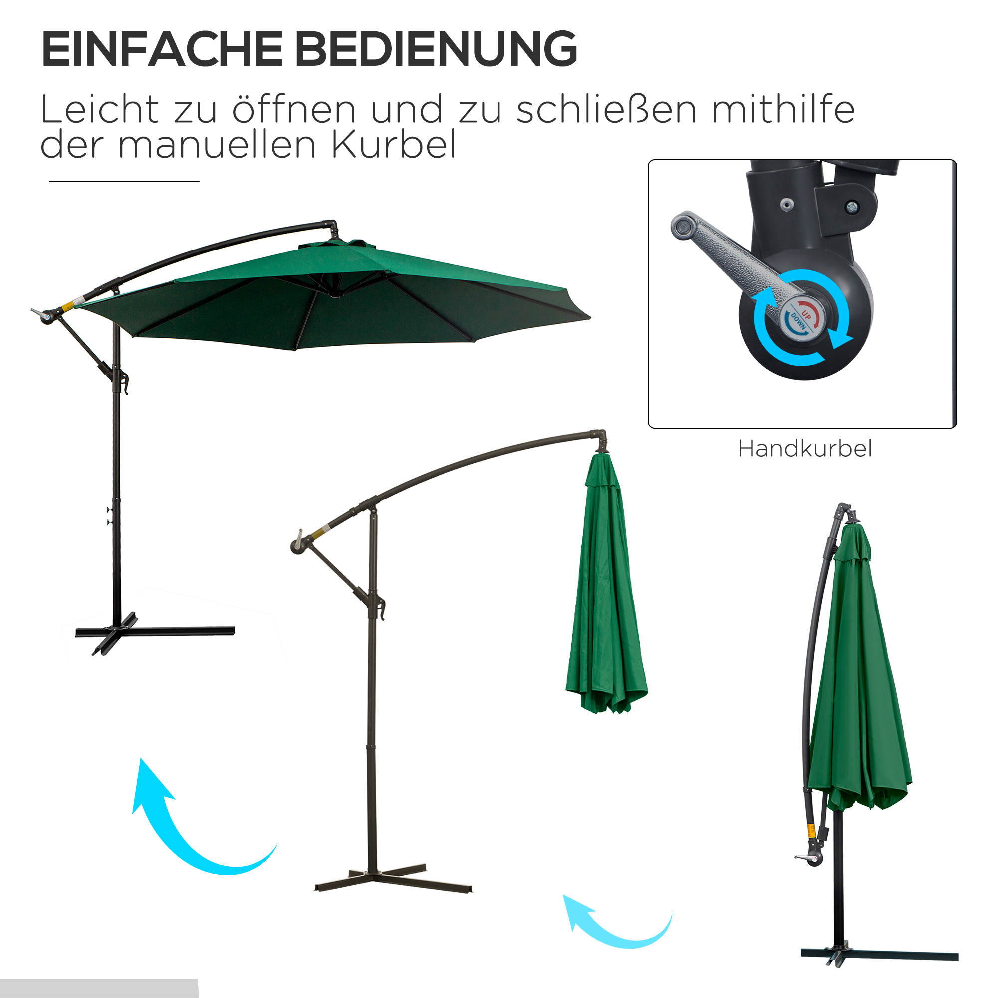 Outsunny Parasol met Handzwengel Weerbestendig 3 m x 3 m x 2,5 m XXL Groen