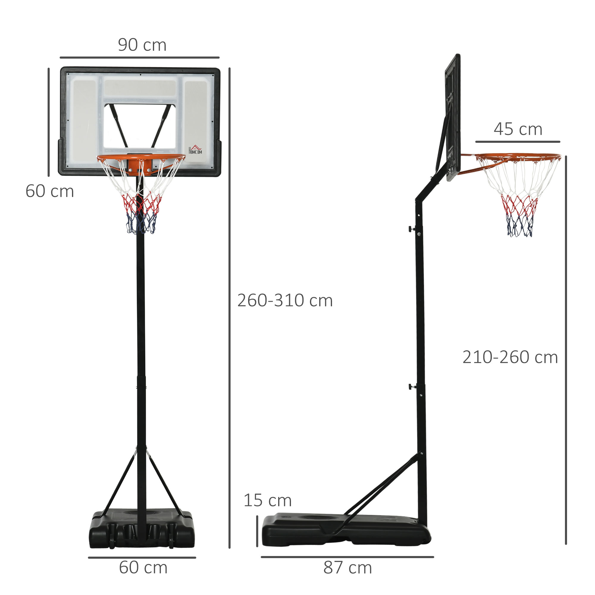 HOMCOM Verstelbare Basketbalstandaard met Wielen 210-260 cm - Voor Buiten & Binnen