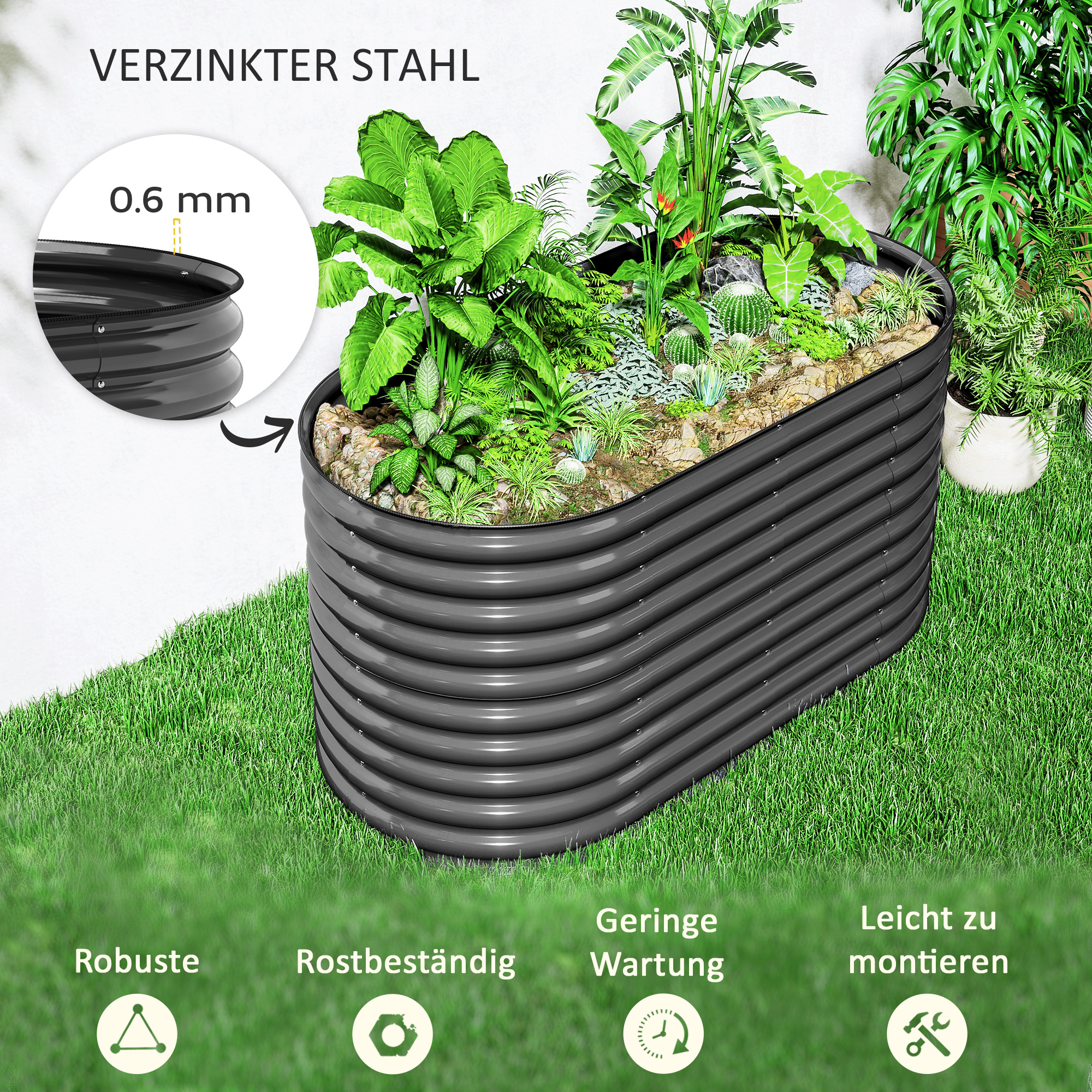 Outsunny Plantenkuip, Metalen Bloemenkuip met Veiligheidsrand en Handschoenen, Open Bodem, 160B x 80D x 80H cm, Donkergrijs