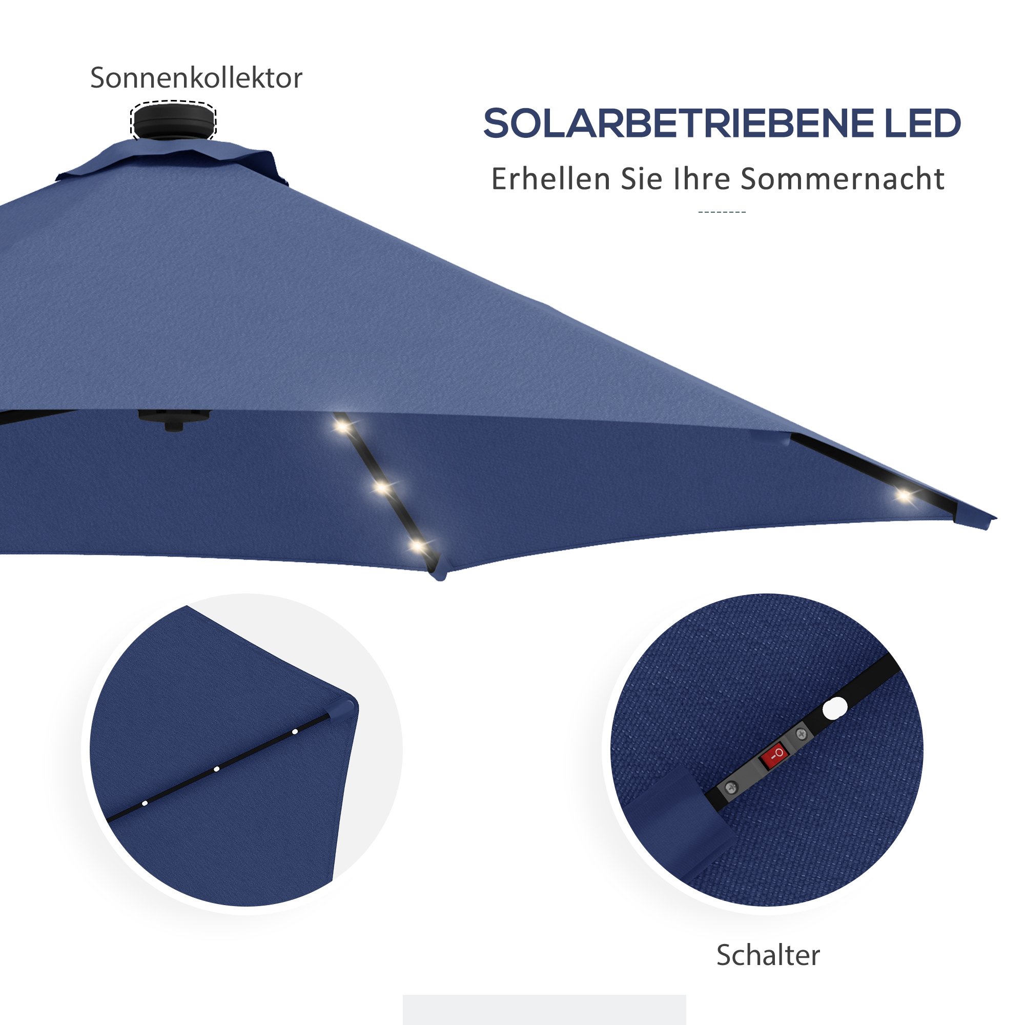 Outsunny Tuinparasol, zweefparasol, LED's, zonnepaneel, weerbestendig, inclusief beschermhoes, Ø290 x 260 cm, donkerblauw