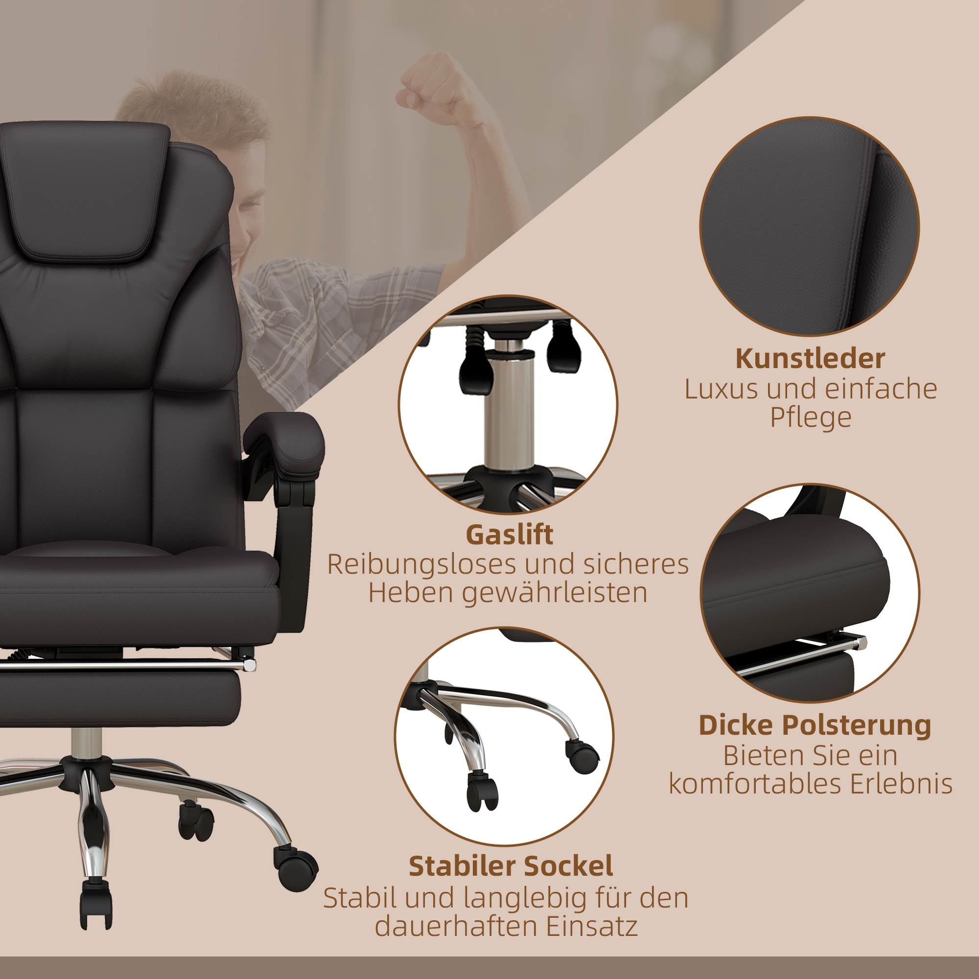 Vinsetto Ergonomische Bureaustoel met Massage en Ligfunctie, 63x57x118, Bruin