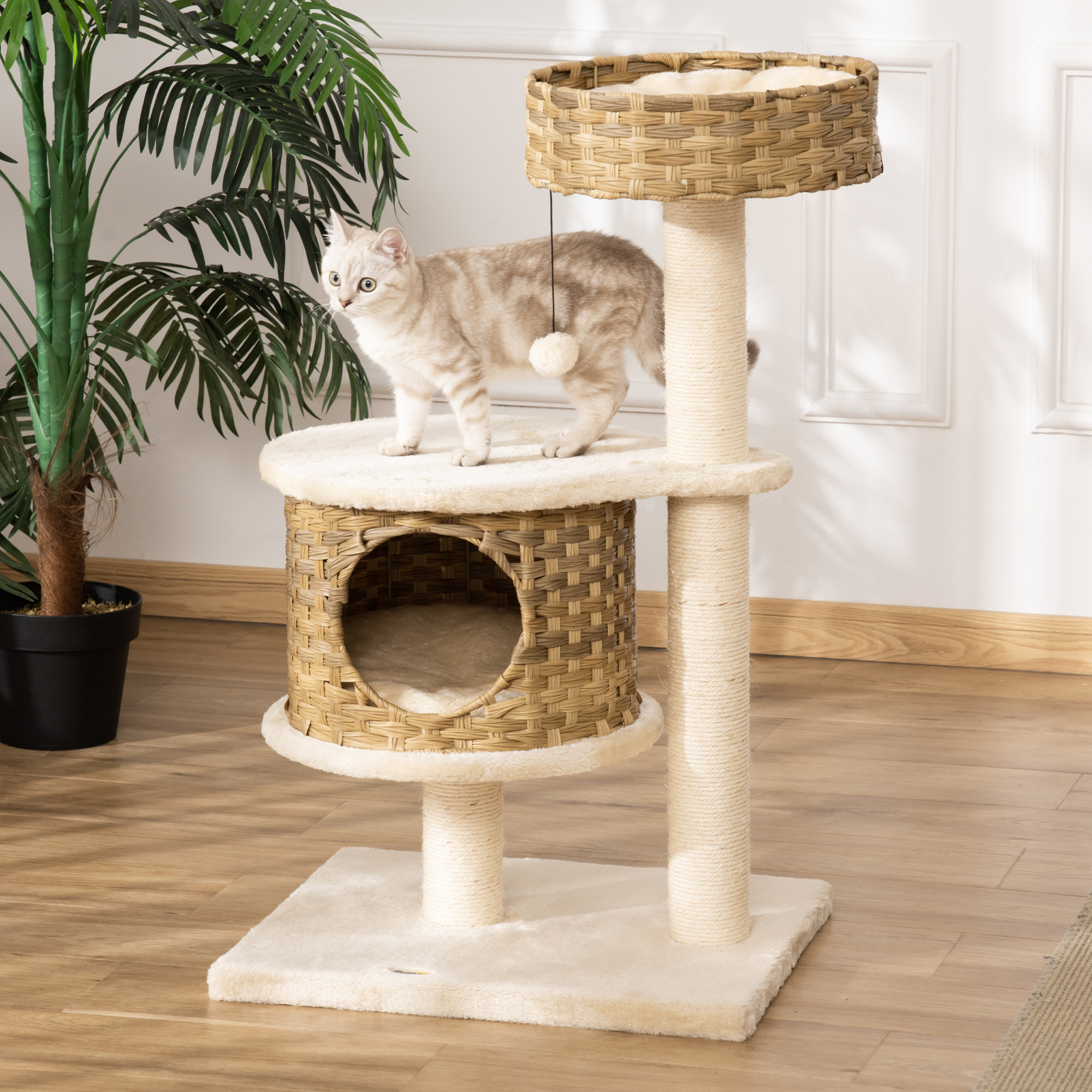 PawHut krabpaal kattenboom klimboom met sisalpalen stabiel met grotten speelballen speelsisal hoogte 95 cm spaanplaat sisal fluweelzacht polyester PE naturel + beige 55 x 47 x 95 cm