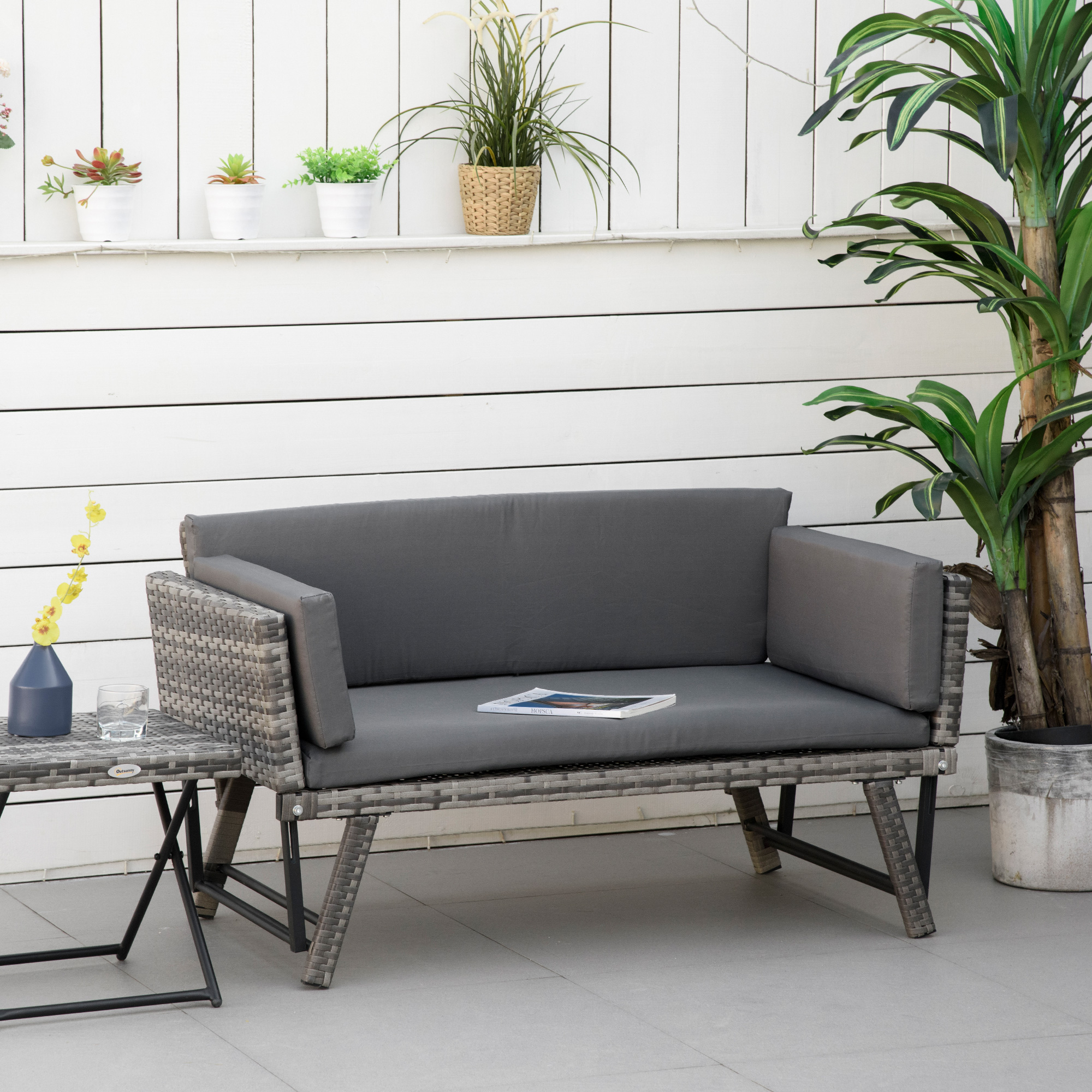 Outsunny 2-zits tuinbank met opklapbare armleuningen, grijs 129 x 66 x 67 cm