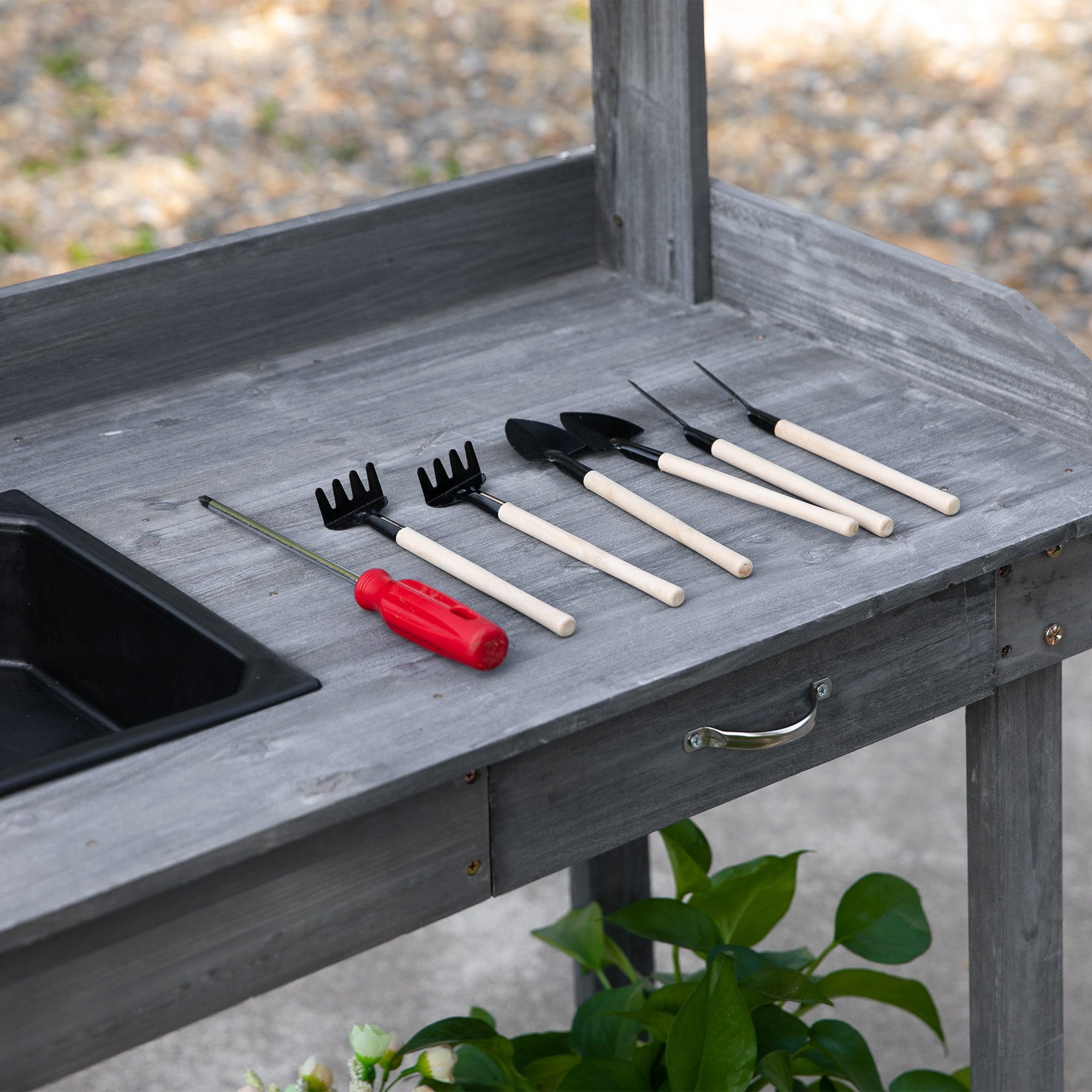 Outsunny plantentafel met schuiflade, 2 niveaus tuintafel met gootsteen en wielen, tuin, dennenhout grijs 92 x 45 x 119 cm