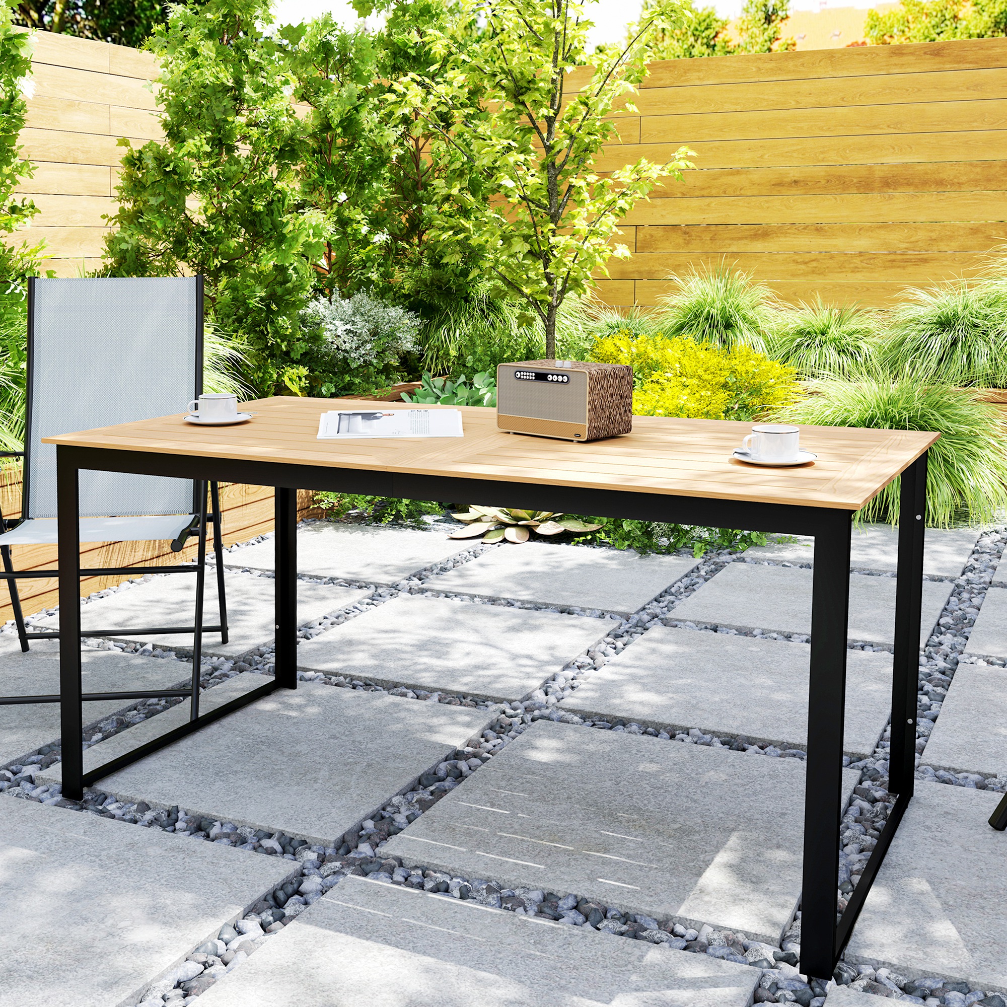 Outsunny Weerbestendige Tuintafel voor 6 - 160 x 80 cm met Lamellen-Tafelblad, Buitentafel in Teak Look