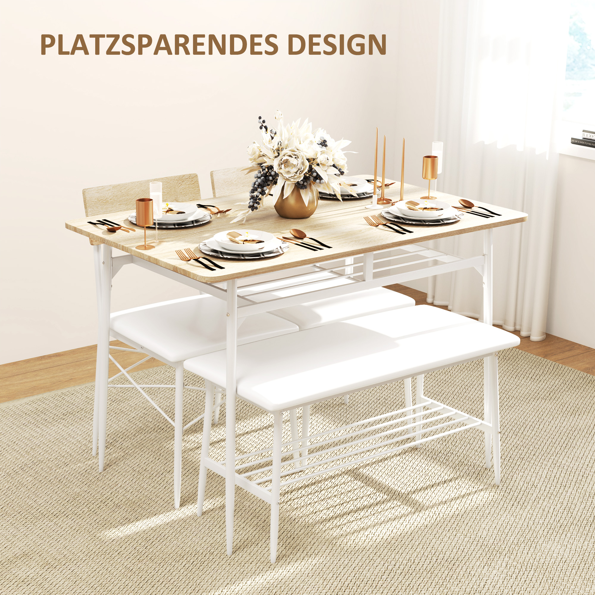 HOMCOM 4-delige Eettafelset met Stoelen en Bank voor 4 Personen, Gepolsterde Zittingen, Staalframe, Hout, Wit