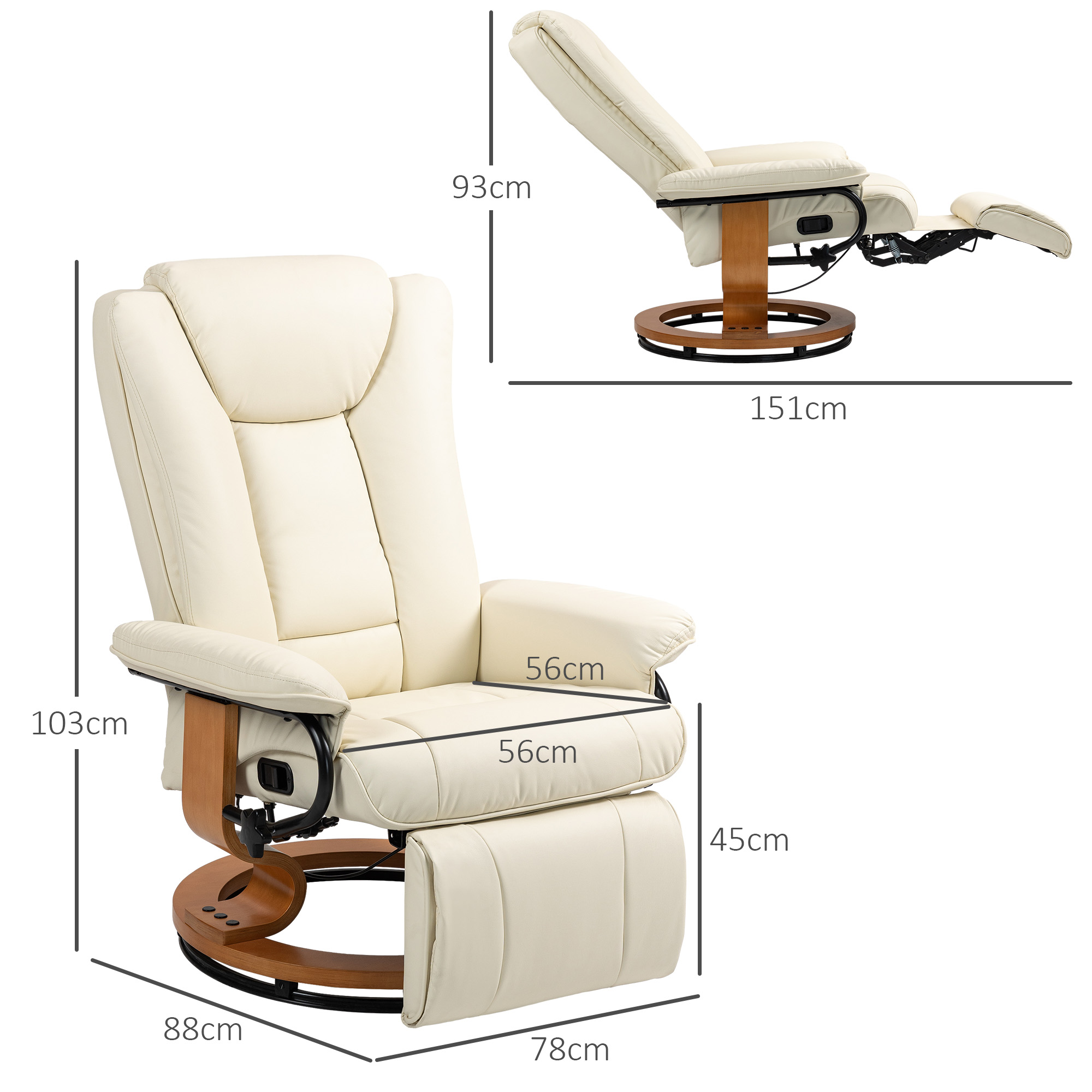 HOMCOM Relaxstoel met Ligfunctie, Draaibaar, tot 150 kg, Kunstleerbekleding, Stalen Frame, Crèmewit