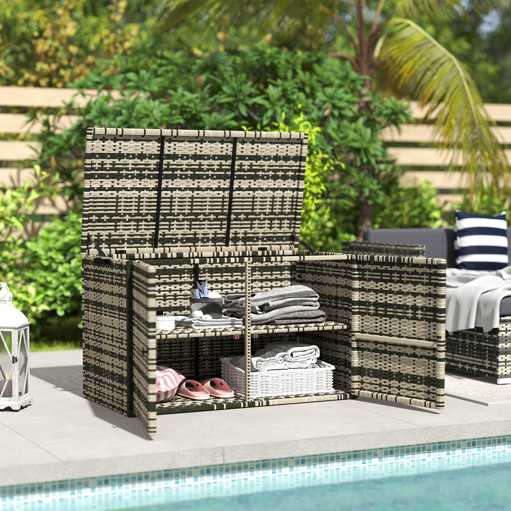 Outsunny Rattan Opbergbox 350L Tweelaags Kussenbox met Deksel Hefstangen Handgrepen 118 x 57 x 69 cm Gemengd Grijs