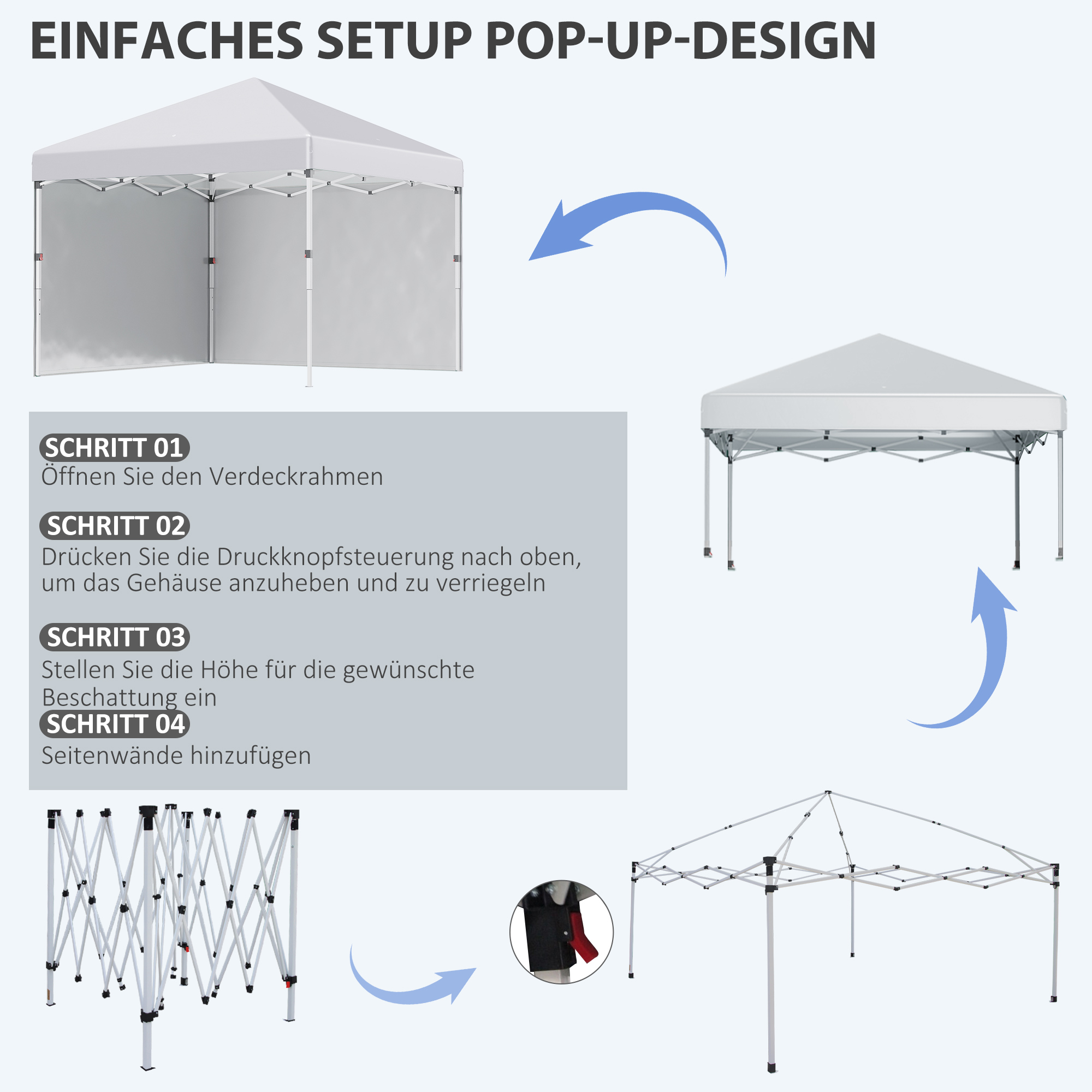 Outsunny Opvouwbare paviljoen met 2 zijwanden, verstelbare hoogte, inclusief draagtas, roestvrij stalen frame, 3x3 m, wit