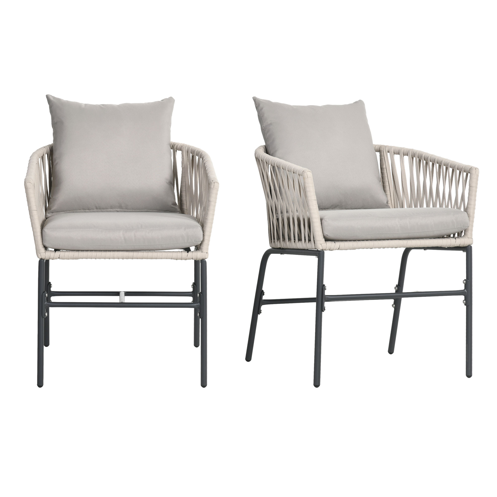 Outsunny Terrasstoel 2-delige set, Boho-stijl, comfortabele zitting, zitkussens, wasbare hoes, metalen frame, Grijs/Beige
