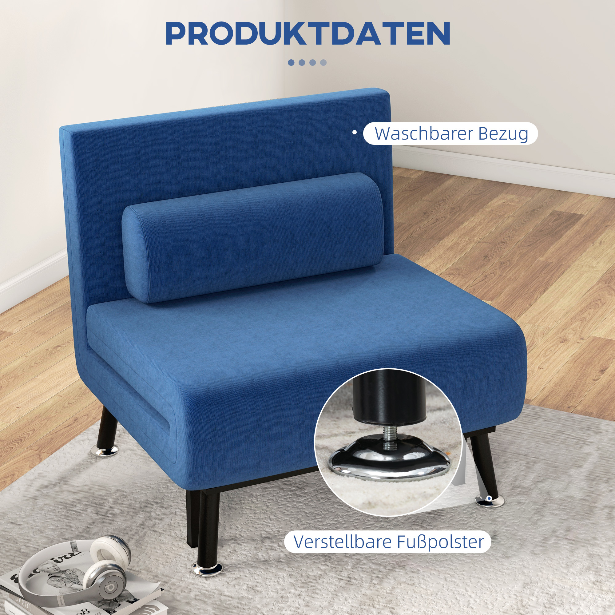 HOMCOM Slaapfauteuil, Relaxfauteuil en Logeerbed, Verstelbare Rugleuning, Afneembare Hoes, Marineblauw
