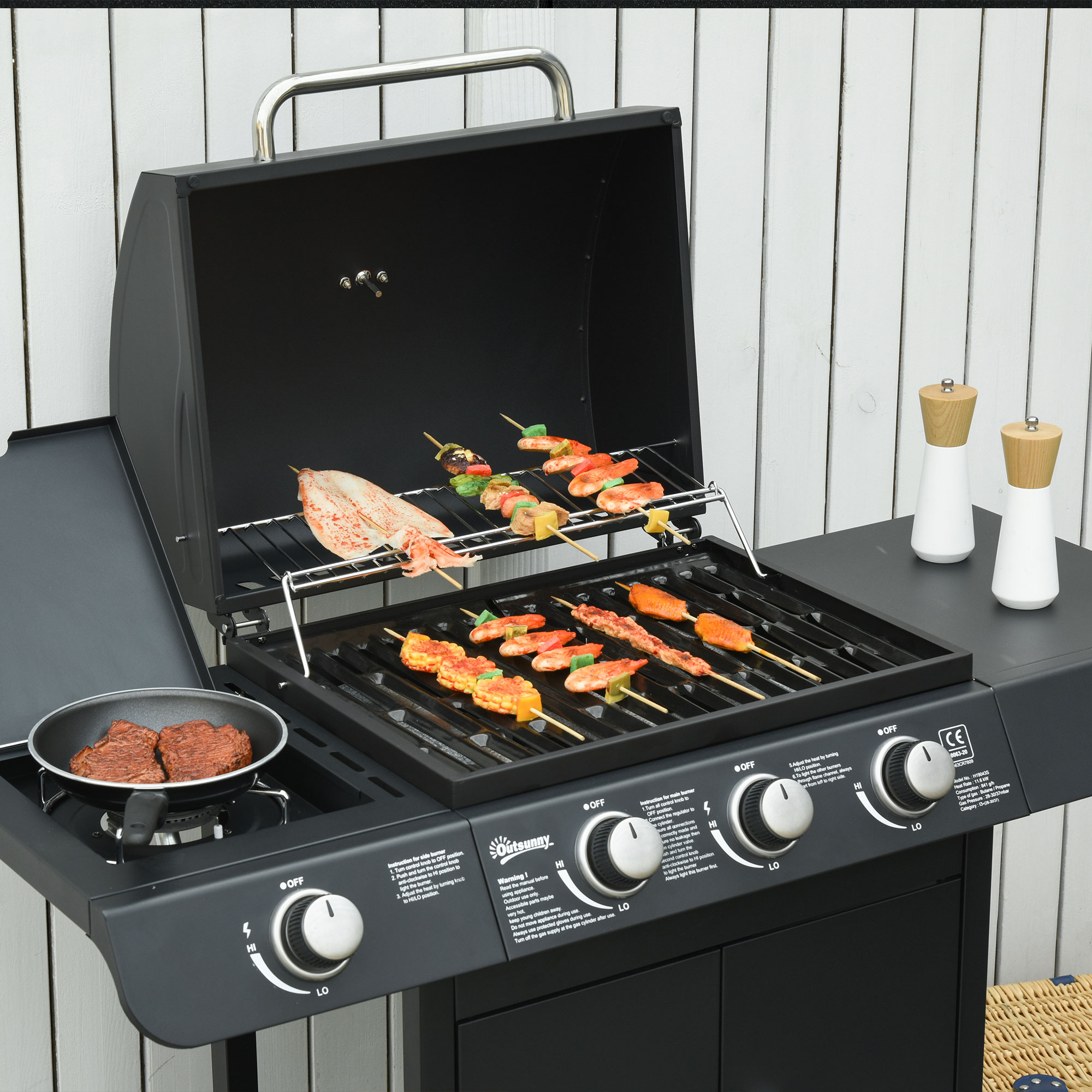 Outsunny gasgrill BBQ met 4 branders metaal zwart 110 x 50 x 100 cm